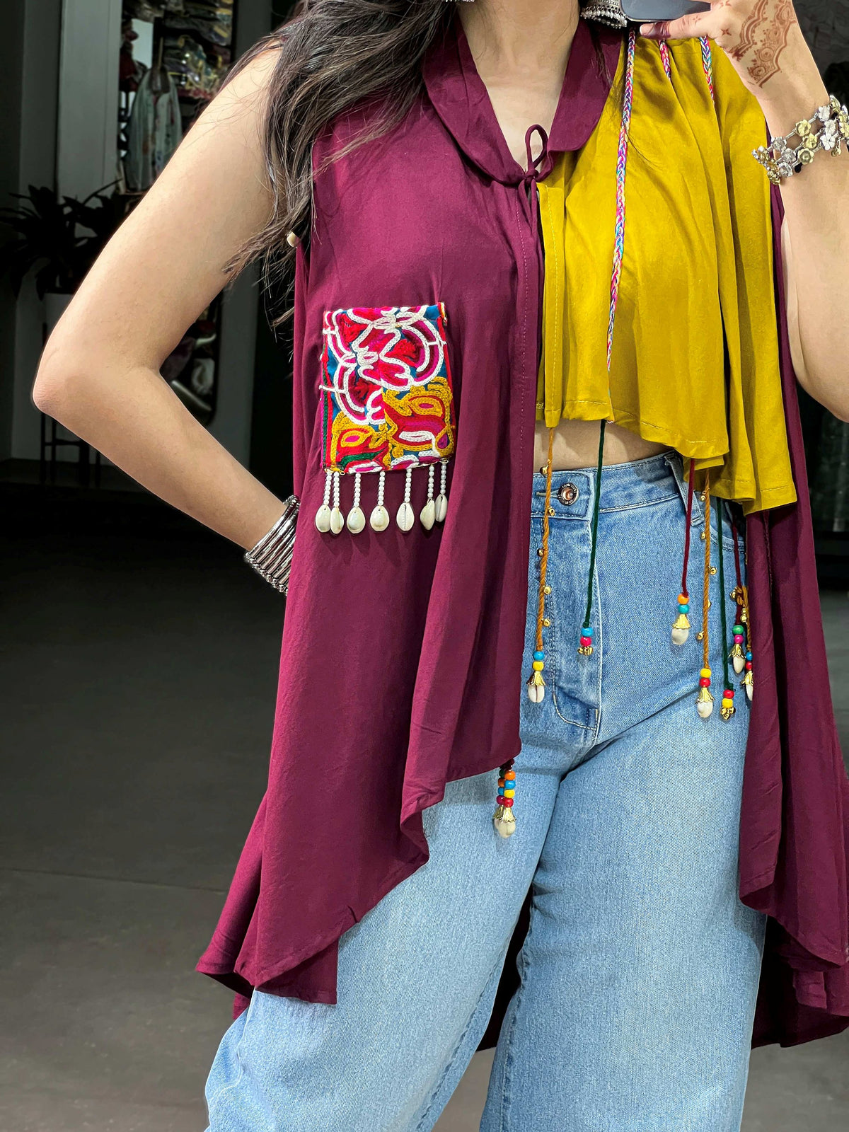 Excellent Mustard Yellow Gamthi Work Rayon Navratri Wear Top