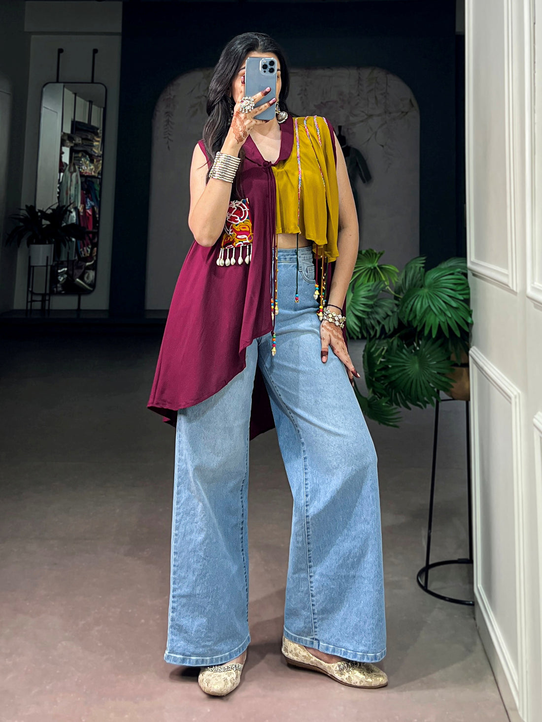 Excellent Mustard Yellow Gamthi Work Rayon Navratri Wear Top
