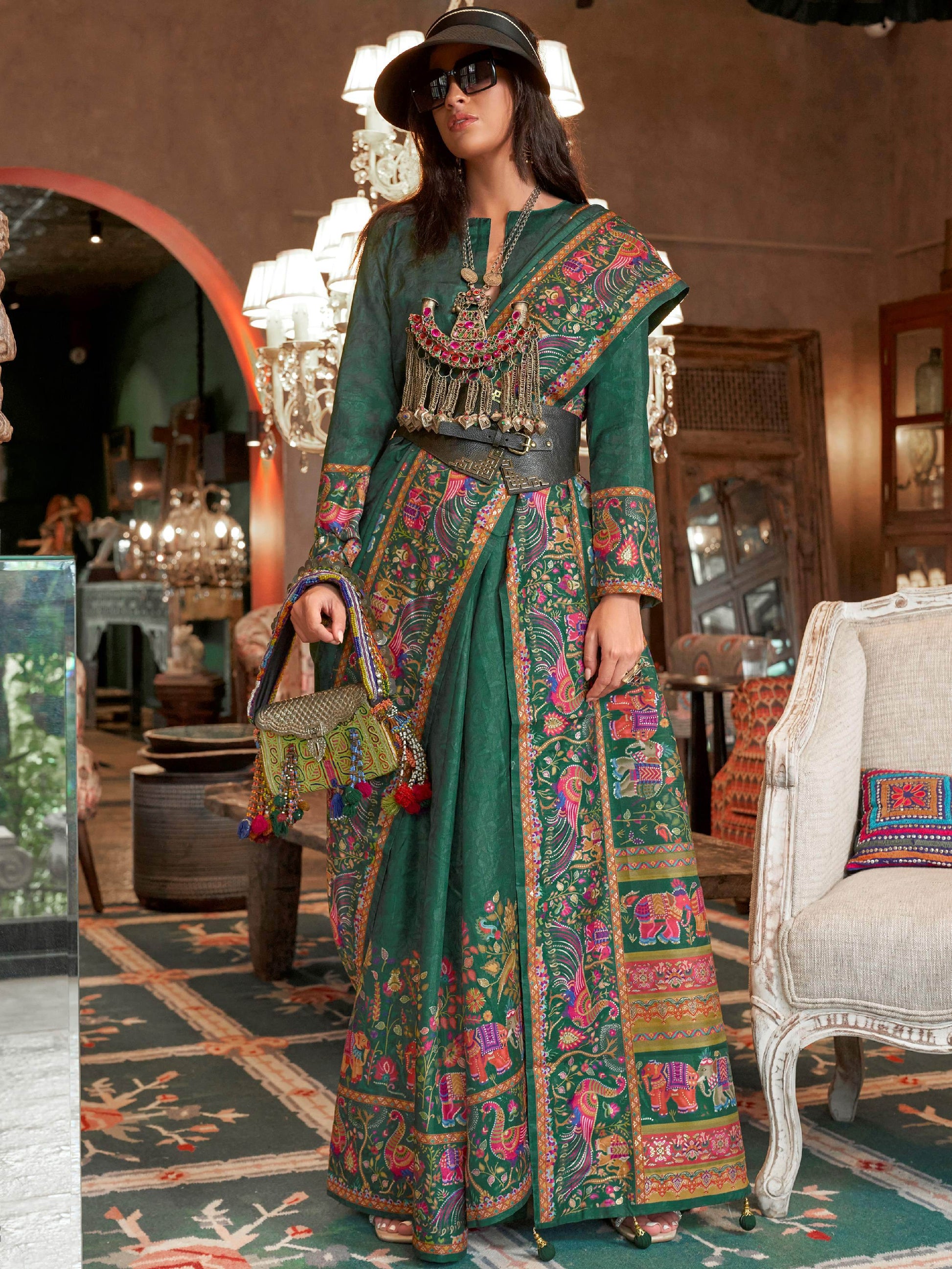 Great Bottle Green Digital Printed Silk Mehendi Wear Saree With Blouse