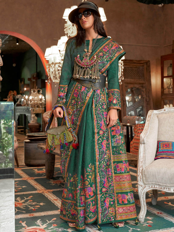 Great Bottle Green Digital Printed Silk Mehendi Wear Saree With Blouse