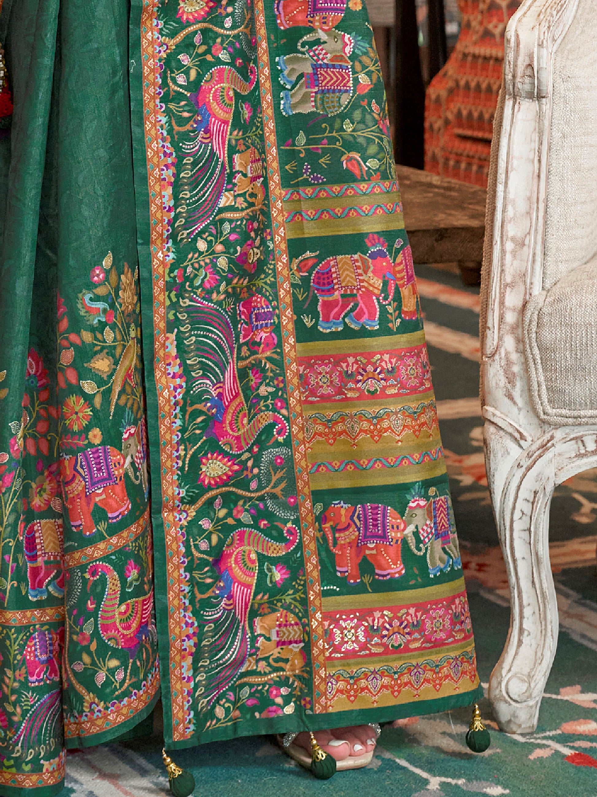 Great Bottle Green Digital Printed Silk Mehendi Wear Saree With Blouse