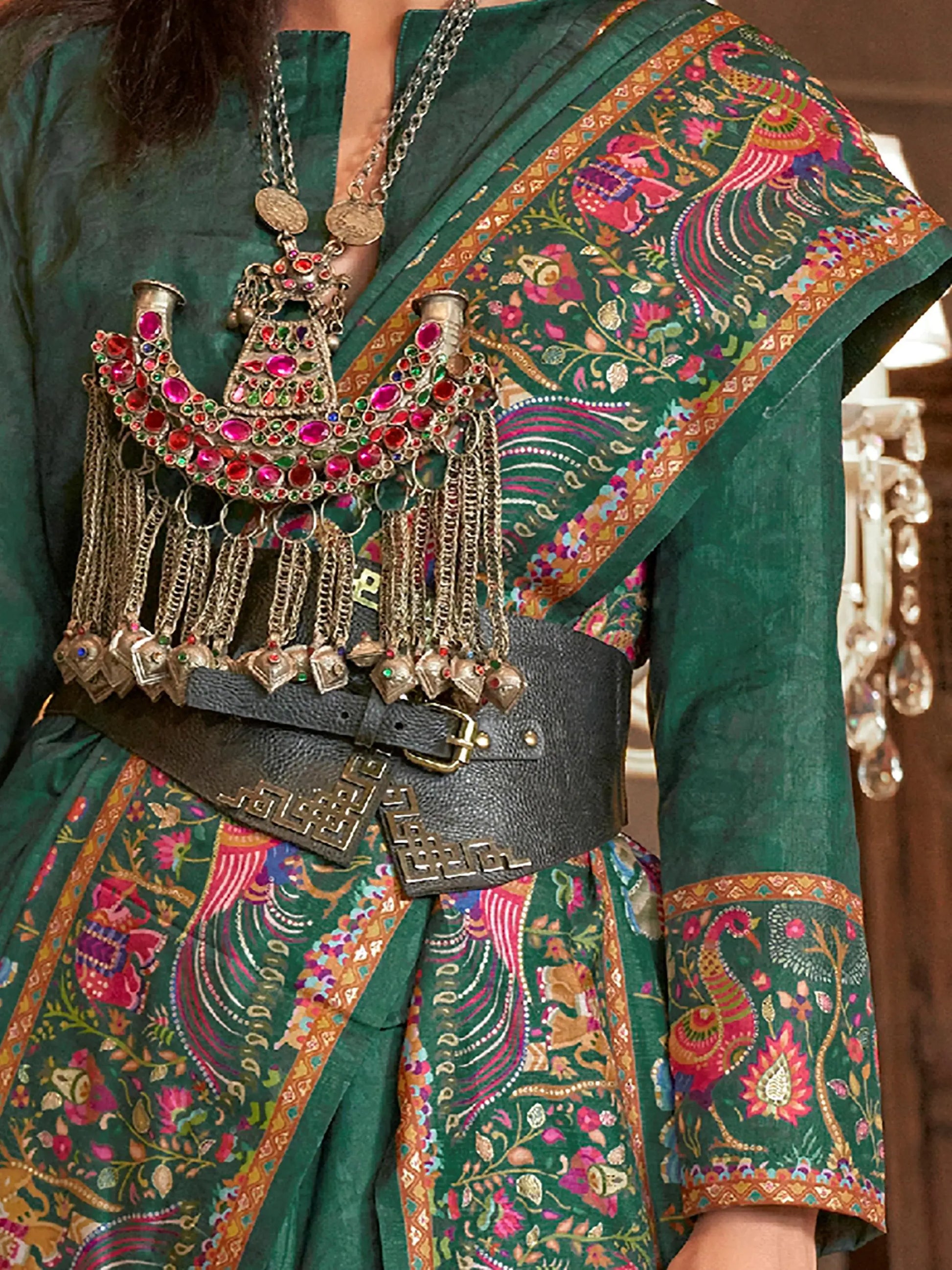 Great Bottle Green Digital Printed Silk Mehendi Wear Saree With Blouse