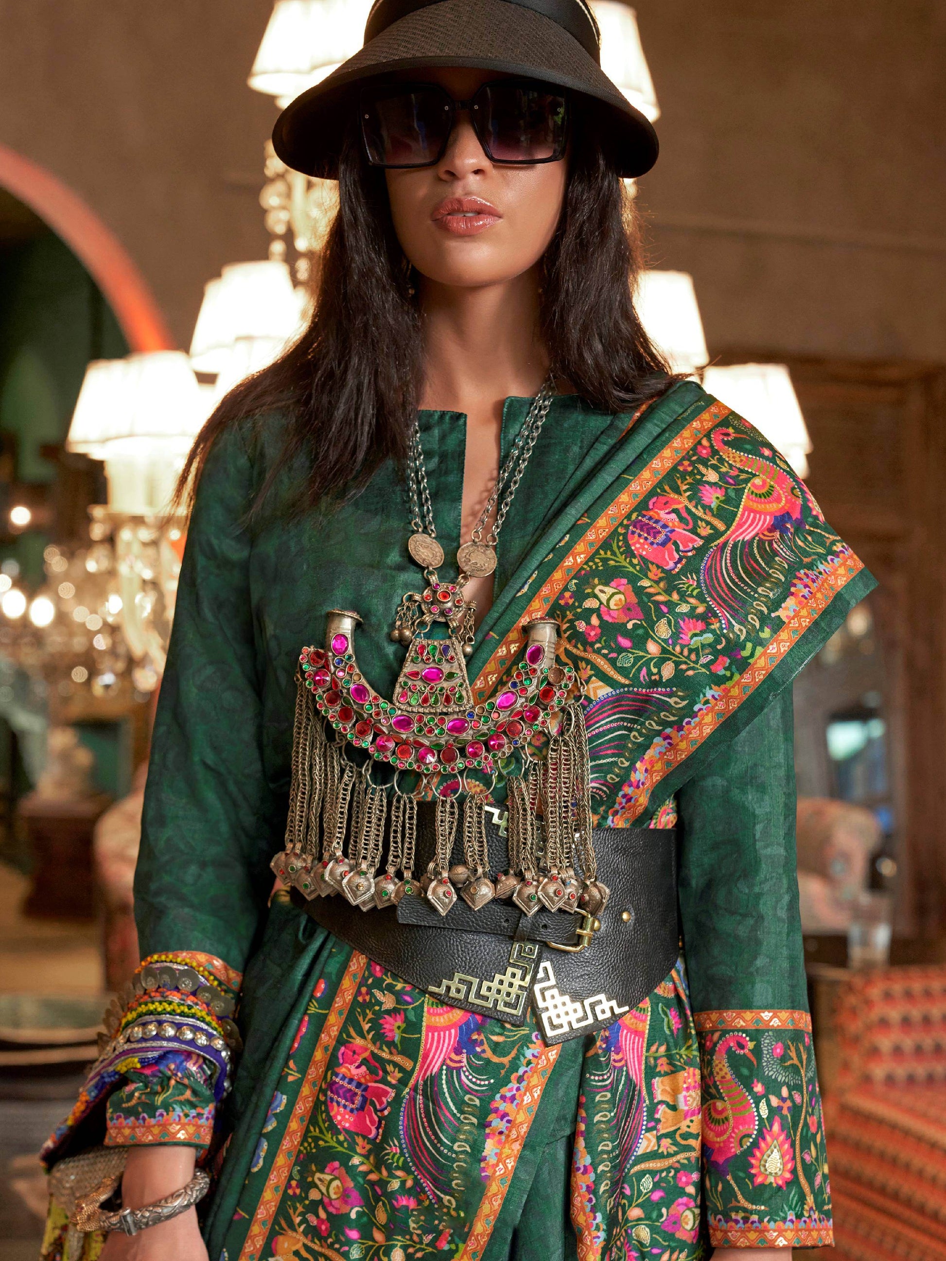 Great Bottle Green Digital Printed Silk Mehendi Wear Saree With Blouse