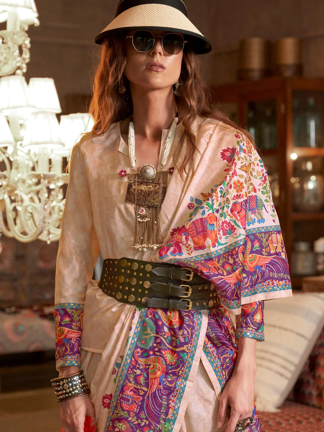 Captivating Beige Digital Printed Silk Event Wear Saree With Blouse