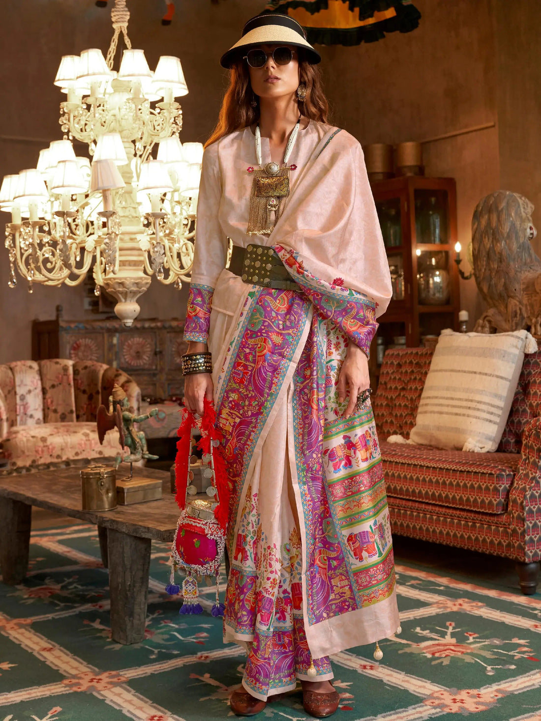 Captivating Beige Digital Printed Silk Event Wear Saree With Blouse
