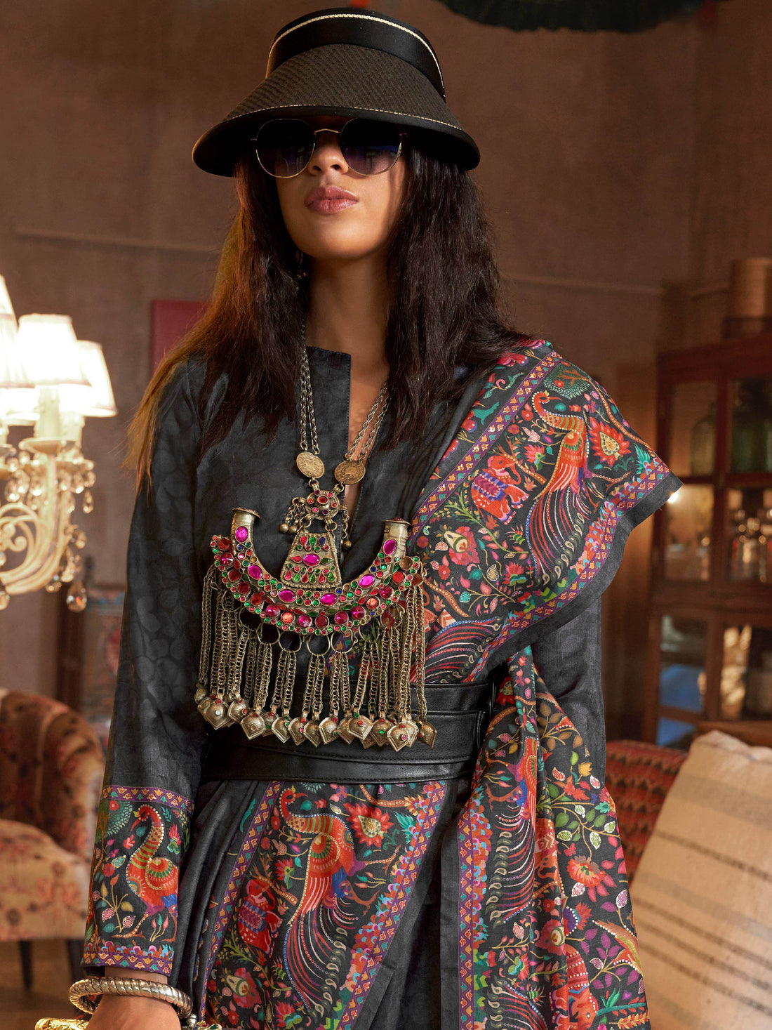 Stunning Black Digital Printed Silk Evening Wear Saree With Blouse