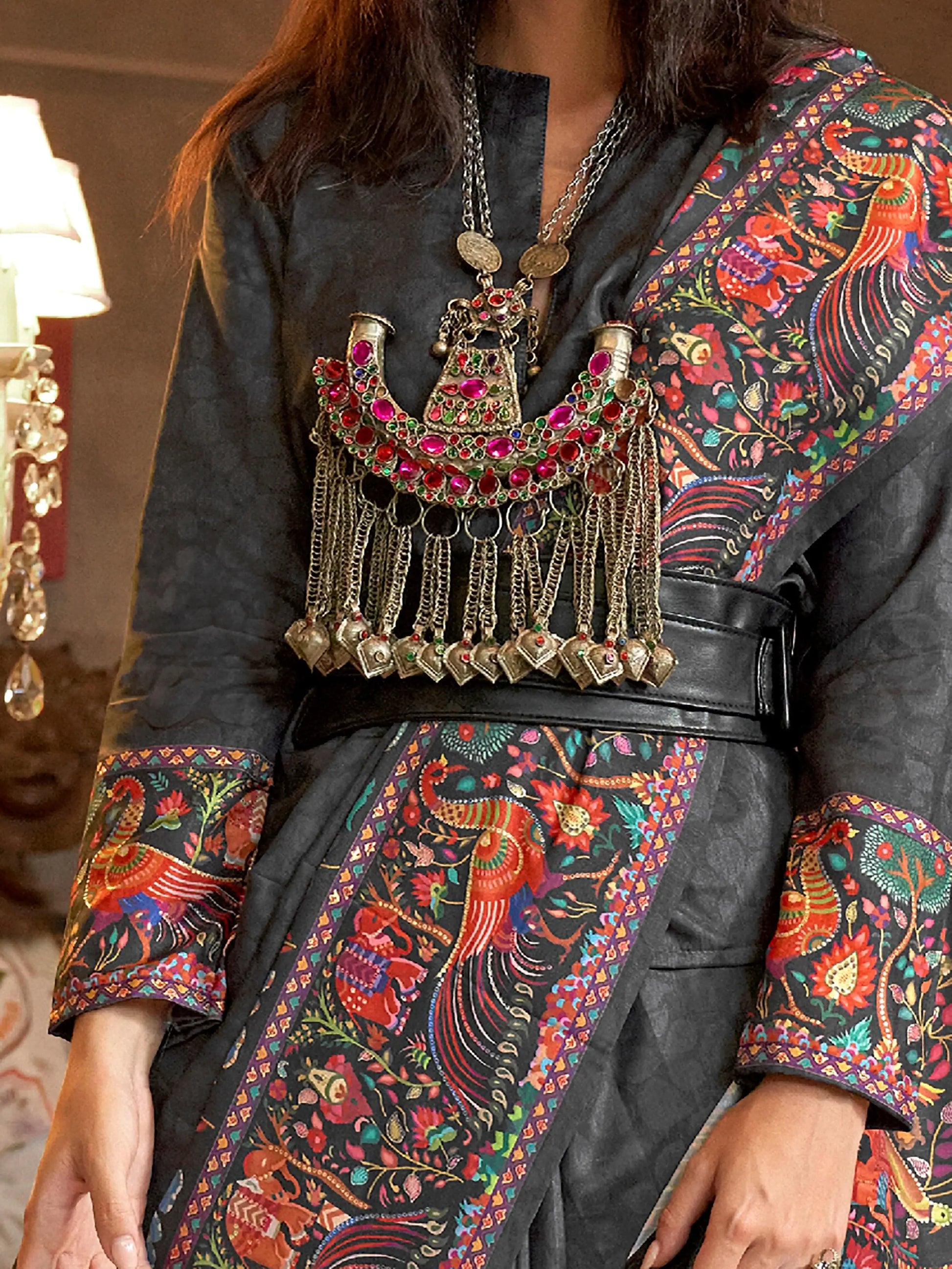 Stunning Black Digital Printed Silk Evening Wear Saree With Blouse