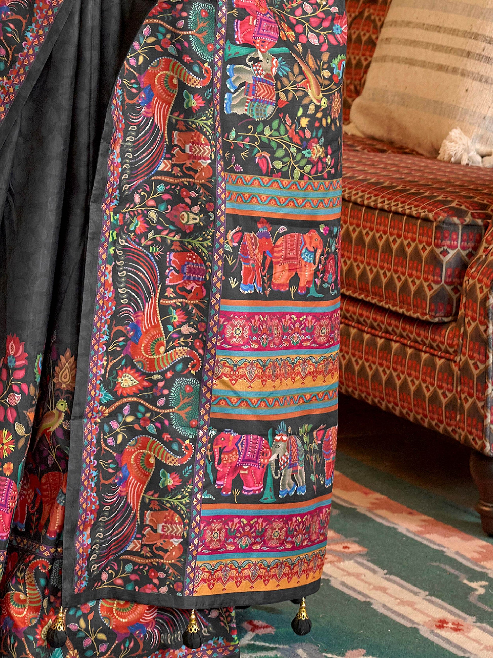 Stunning Black Digital Printed Silk Evening Wear Saree With Blouse