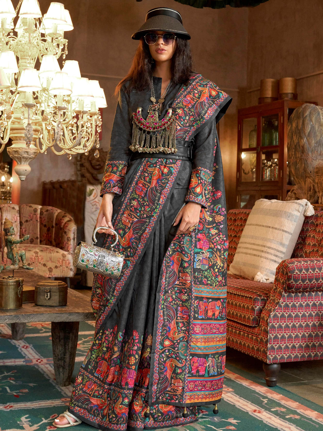 Stunning Black Digital Printed Silk Evening Wear Saree With Blouse