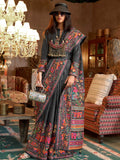 Stunning Black Digital Printed Silk Evening Wear Saree With Blouse