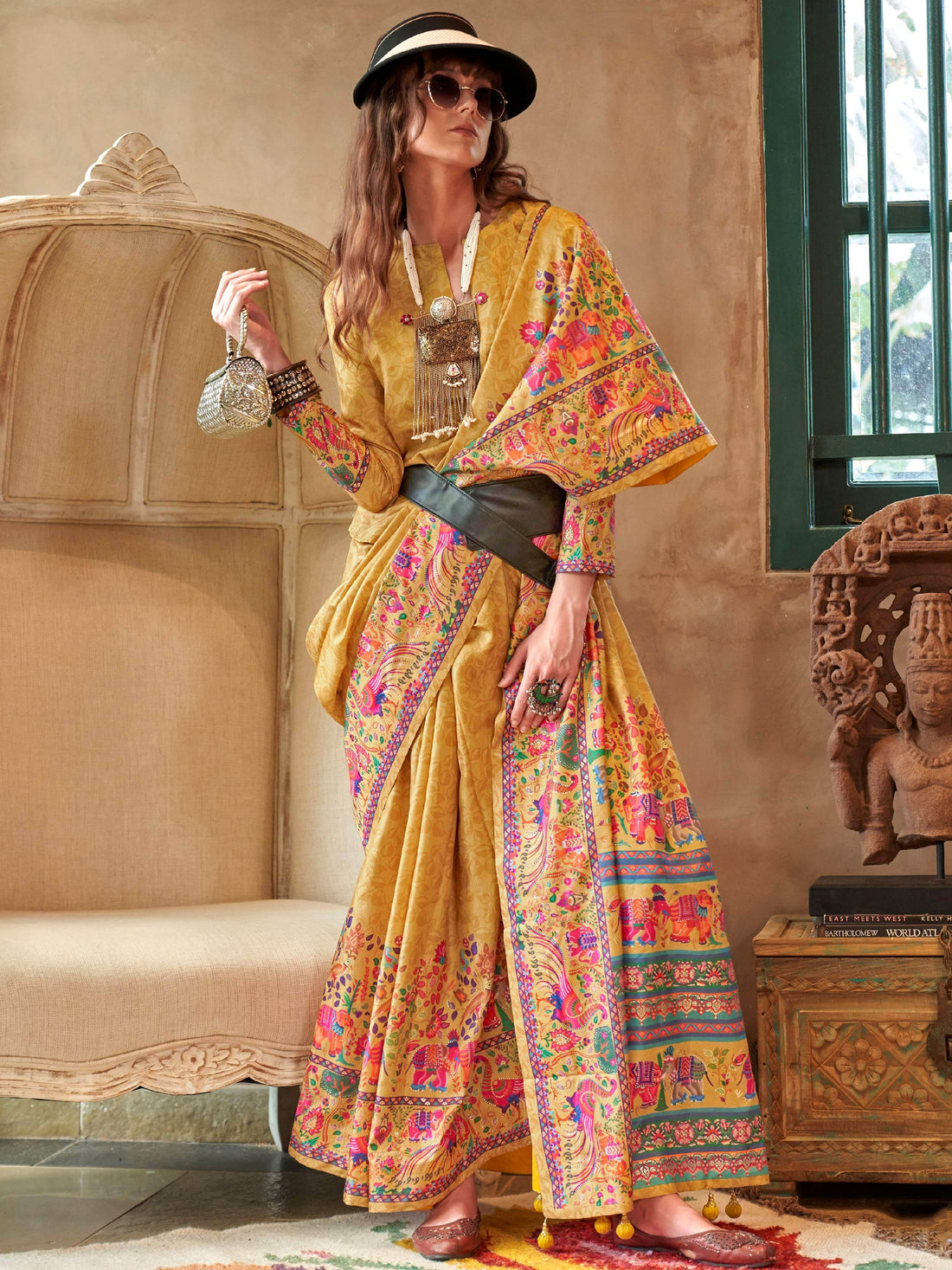 Attractive Yellow Digital Printed Silk Haldi Wear Saree With Blouse