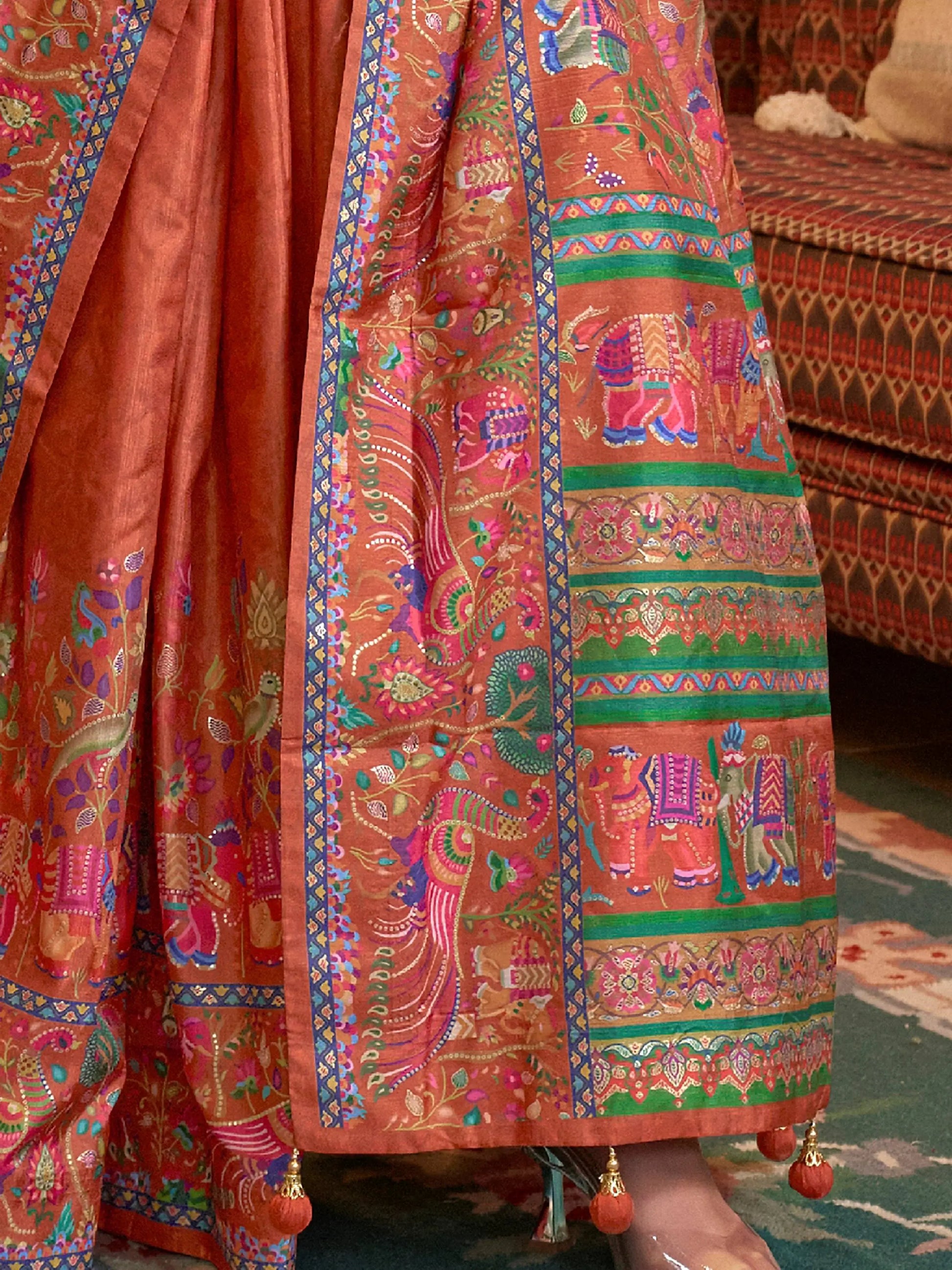 Glorious Orange Digital Printed Silk Traditional Saree With Blouse