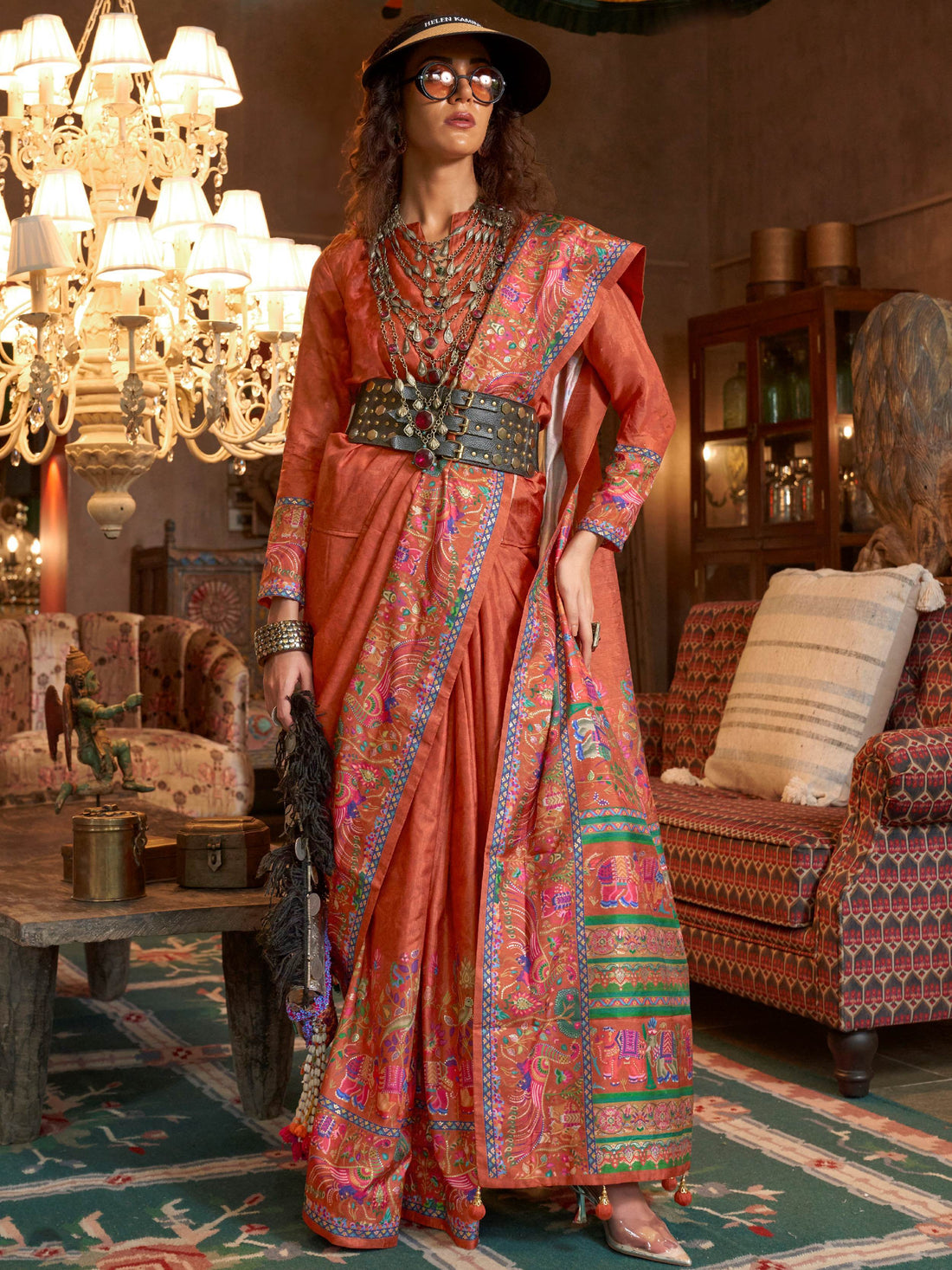 Glorious Orange Digital Printed Silk Traditional Saree With Blouse