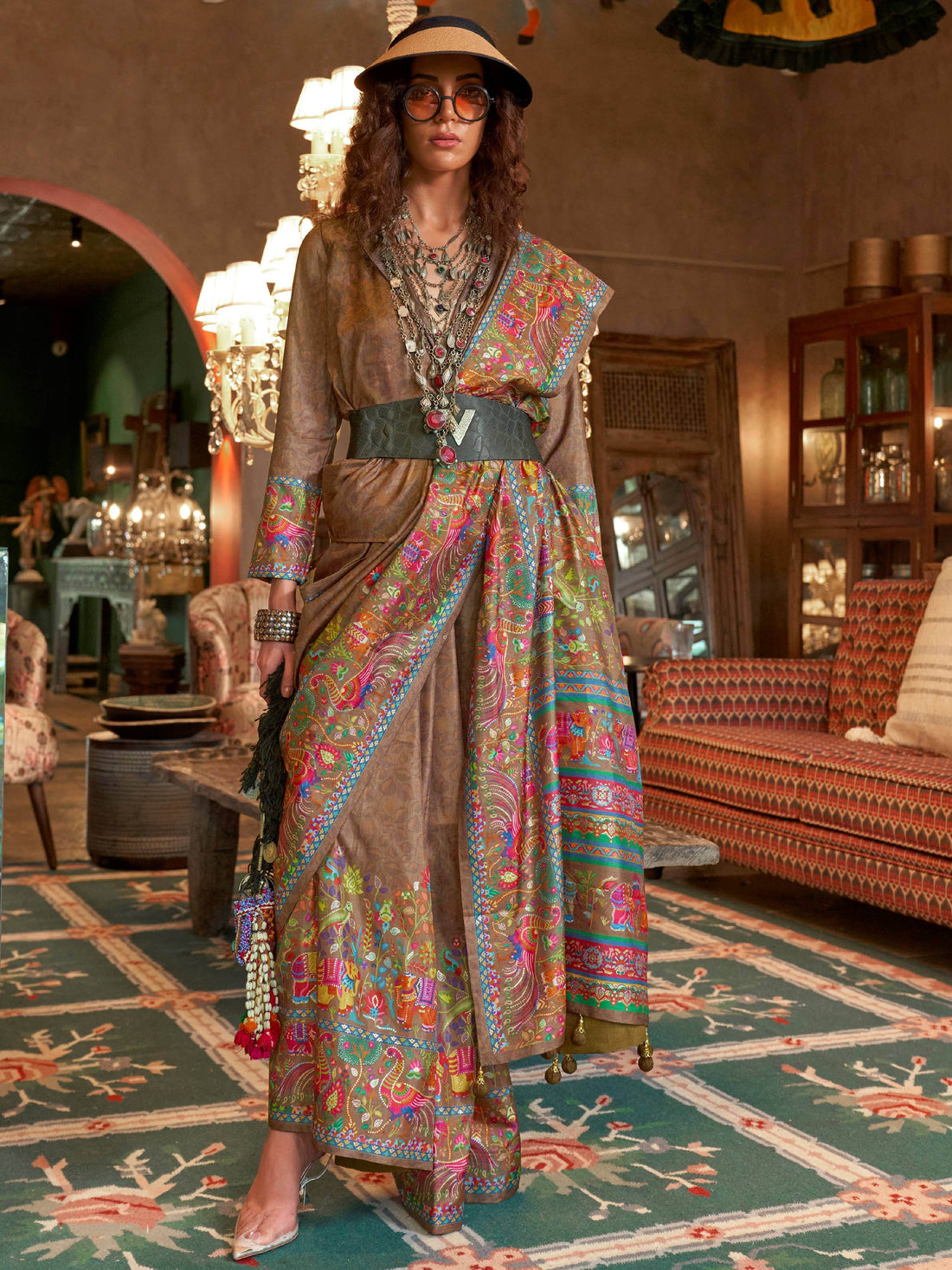 Charming Brown Digital Printed Silk Designer Saree With Blouse