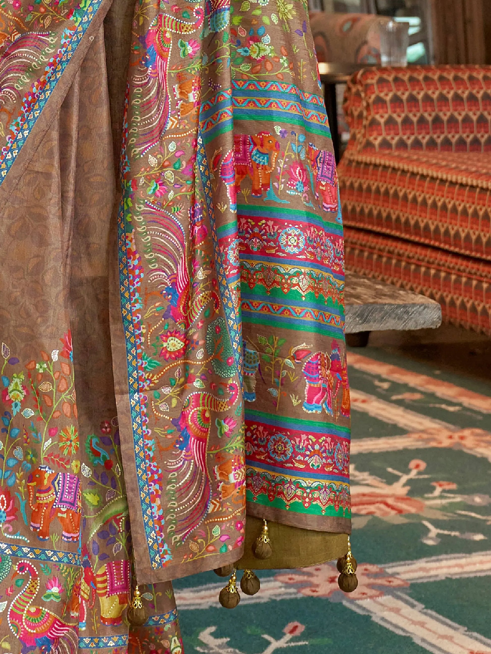 Charming Brown Digital Printed Silk Designer Saree With Blouse