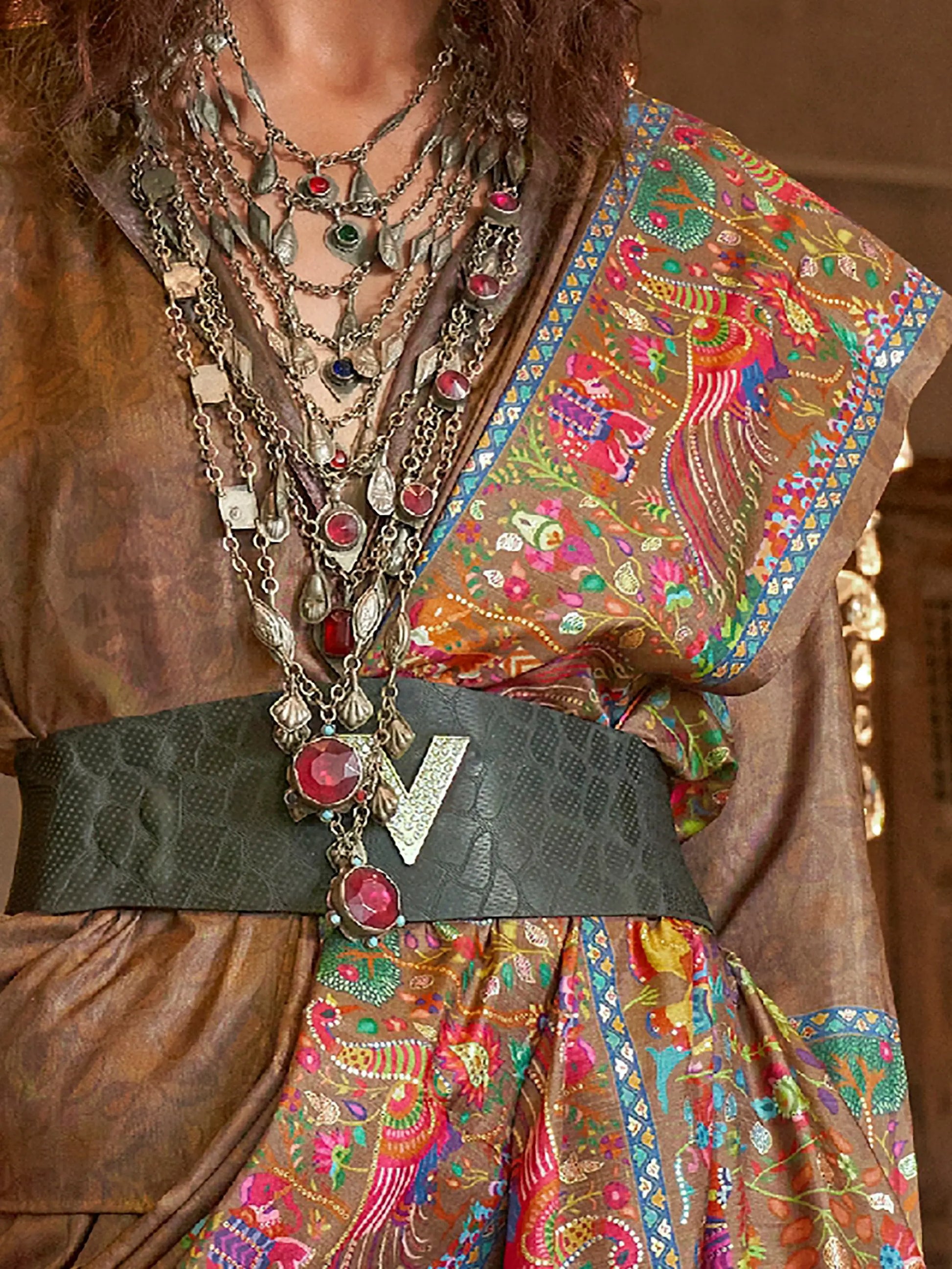 Charming Brown Digital Printed Silk Designer Saree With Blouse