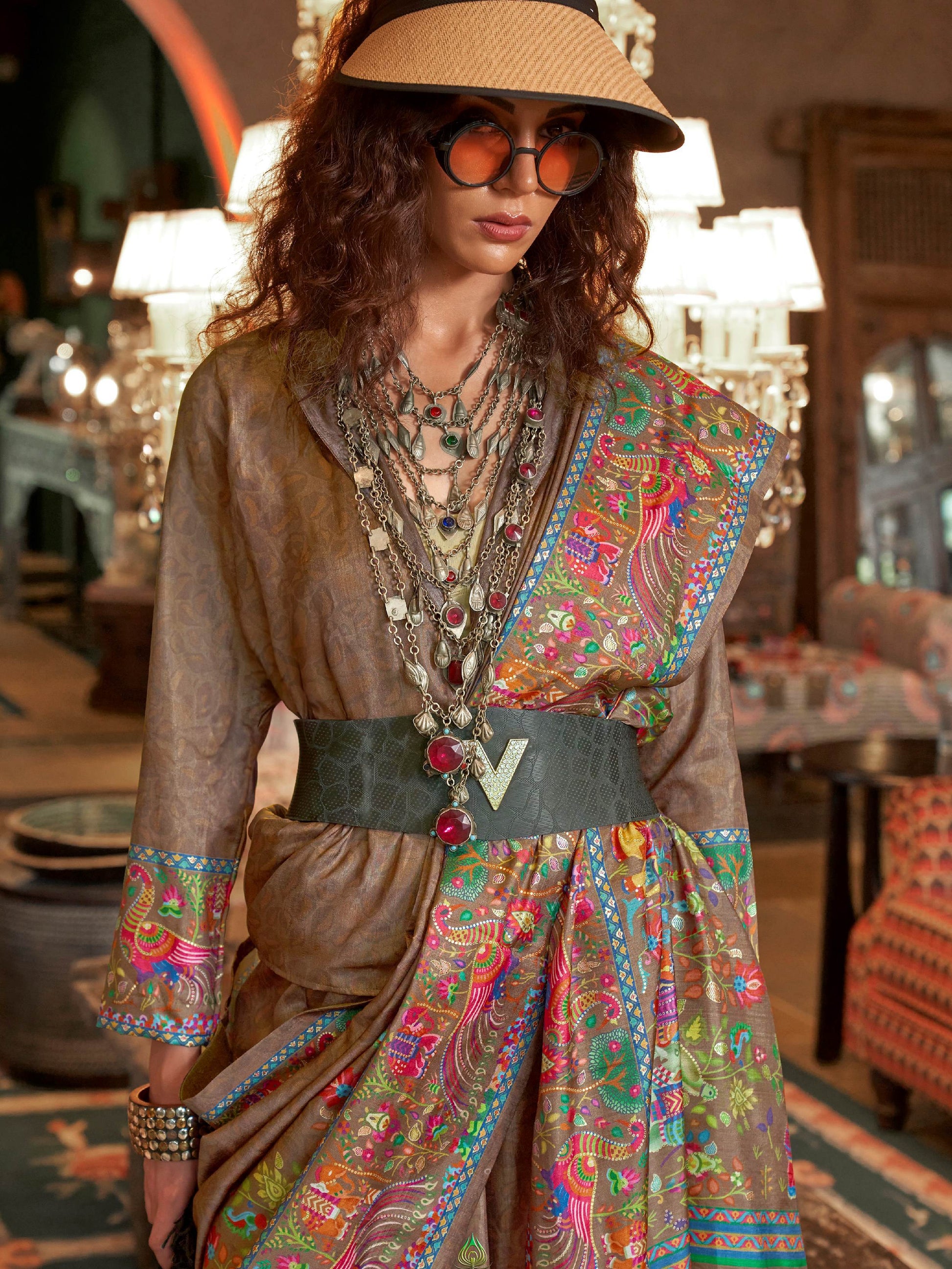 Charming Brown Digital Printed Silk Designer Saree With Blouse