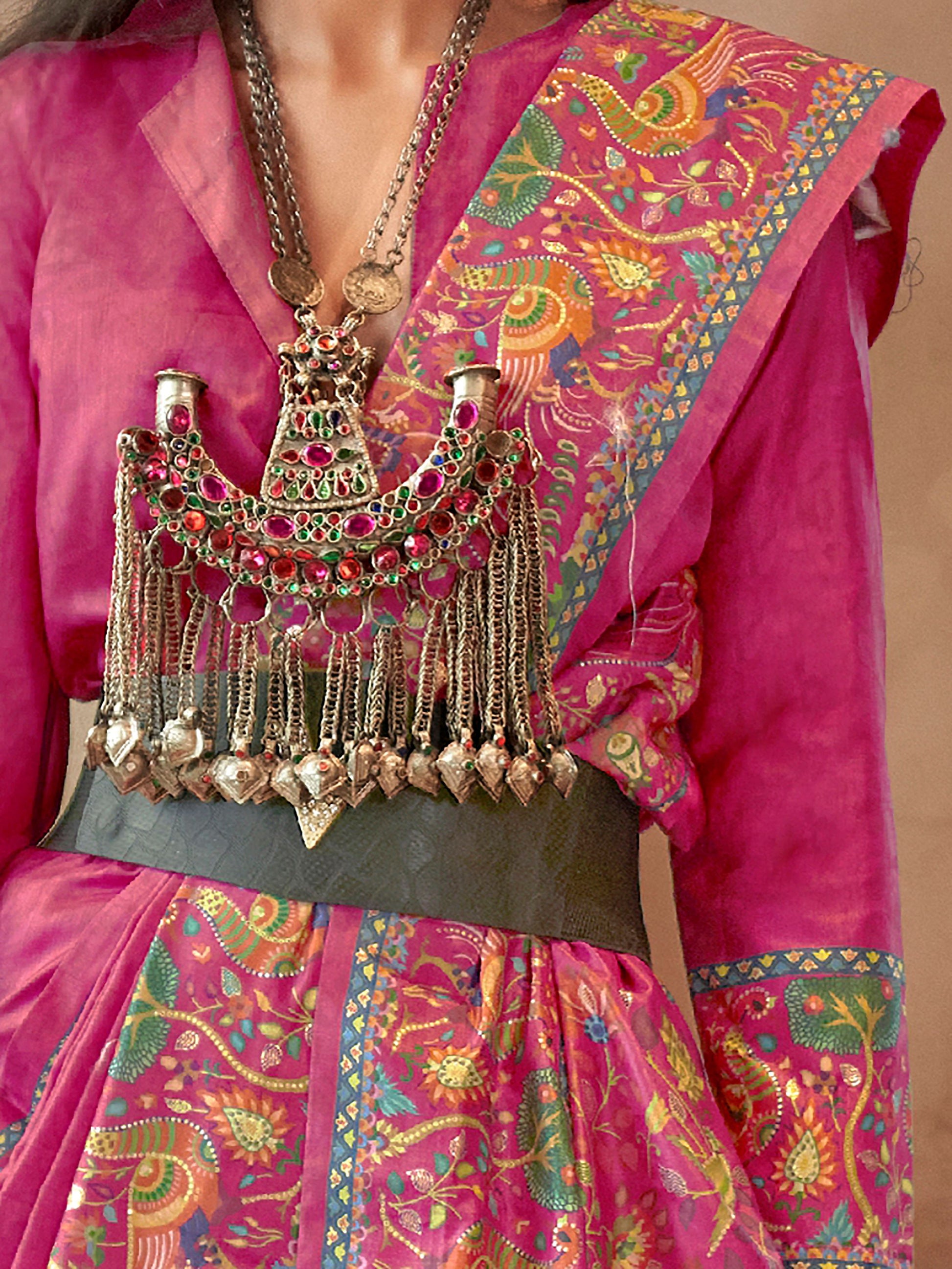 Beautiful Pink Digital Printed Silk Bridesmaid Saree With Blouse