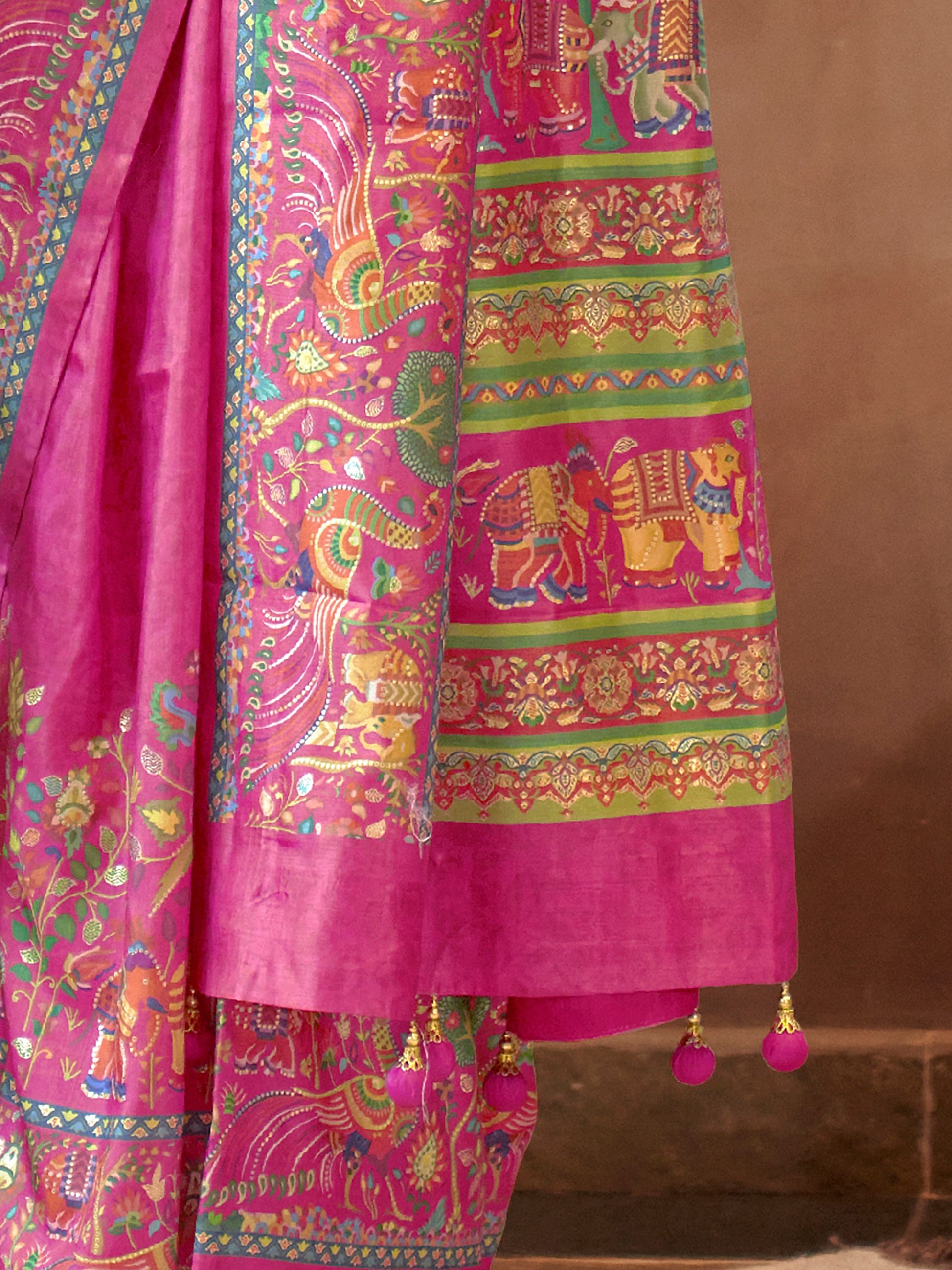 Beautiful Pink Digital Printed Silk Bridesmaid Saree With Blouse