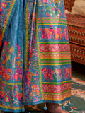 Timeless Blue Digital Printed Silk Festive Wear Saree With Blouse