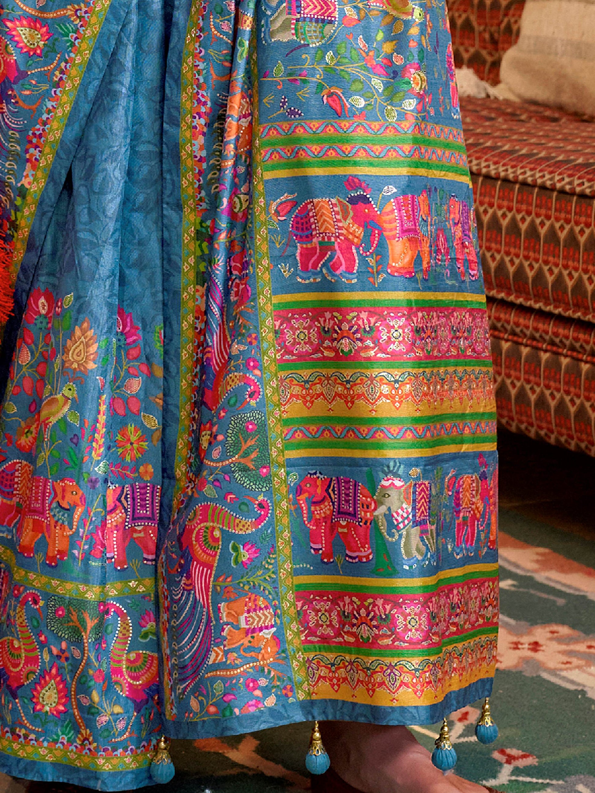 Timeless Blue Digital Printed Silk Festive Wear Saree With Blouse