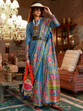 Timeless Blue Digital Printed Silk Festive Wear Saree With Blouse