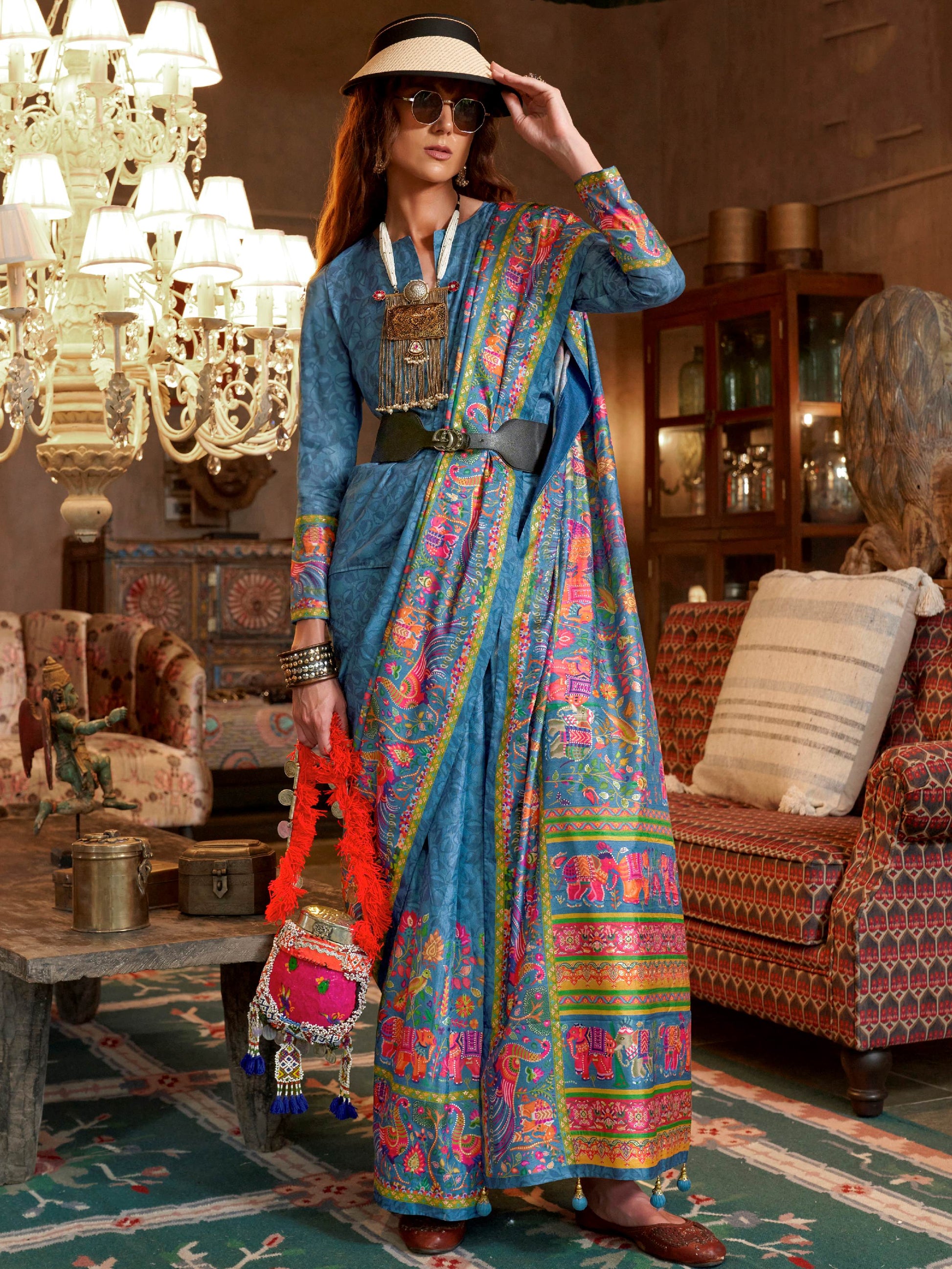 Timeless Blue Digital Printed Silk Festive Wear Saree With Blouse