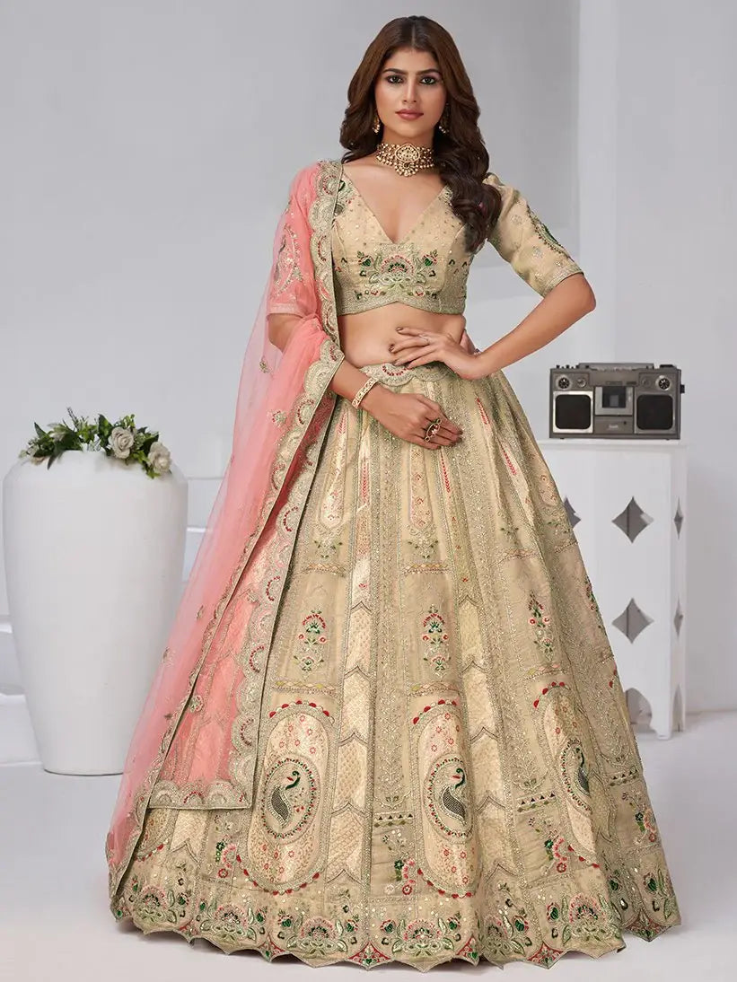 Gorgeous Beige Sequins Work Banarasi Silk Event Wear Lehenga Choli With Dupatta