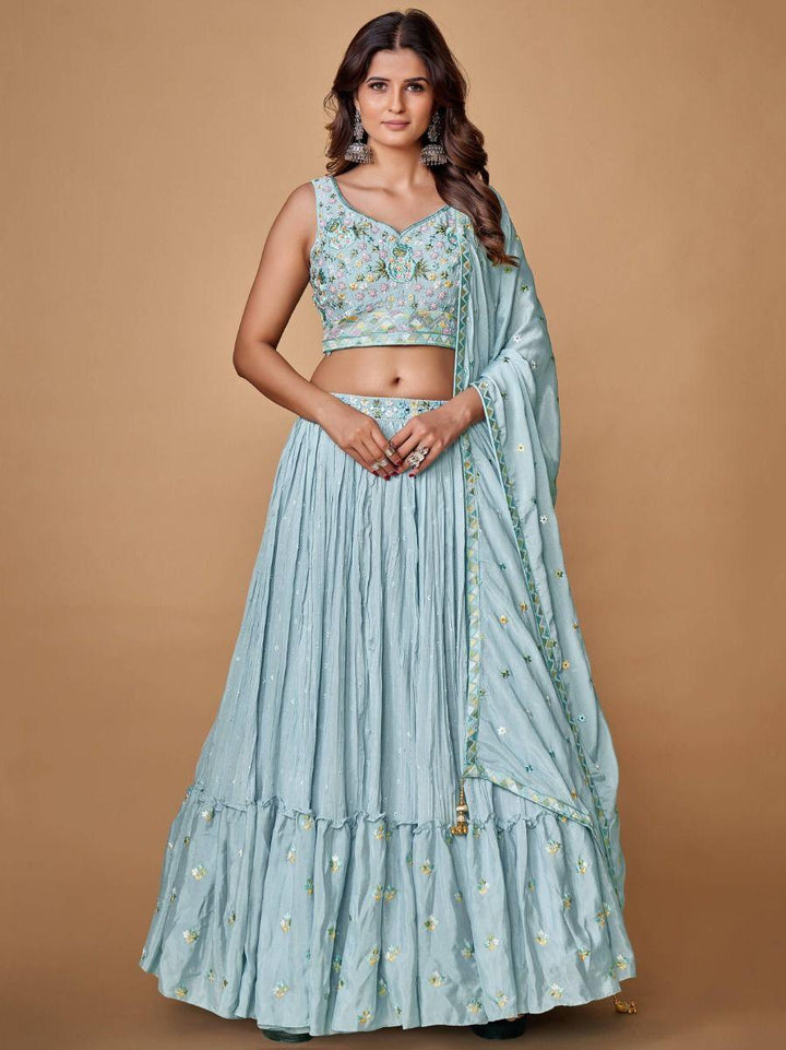 Superb Sky Blue Ruffle Work Chiffon reception Wear Lehenga Choli