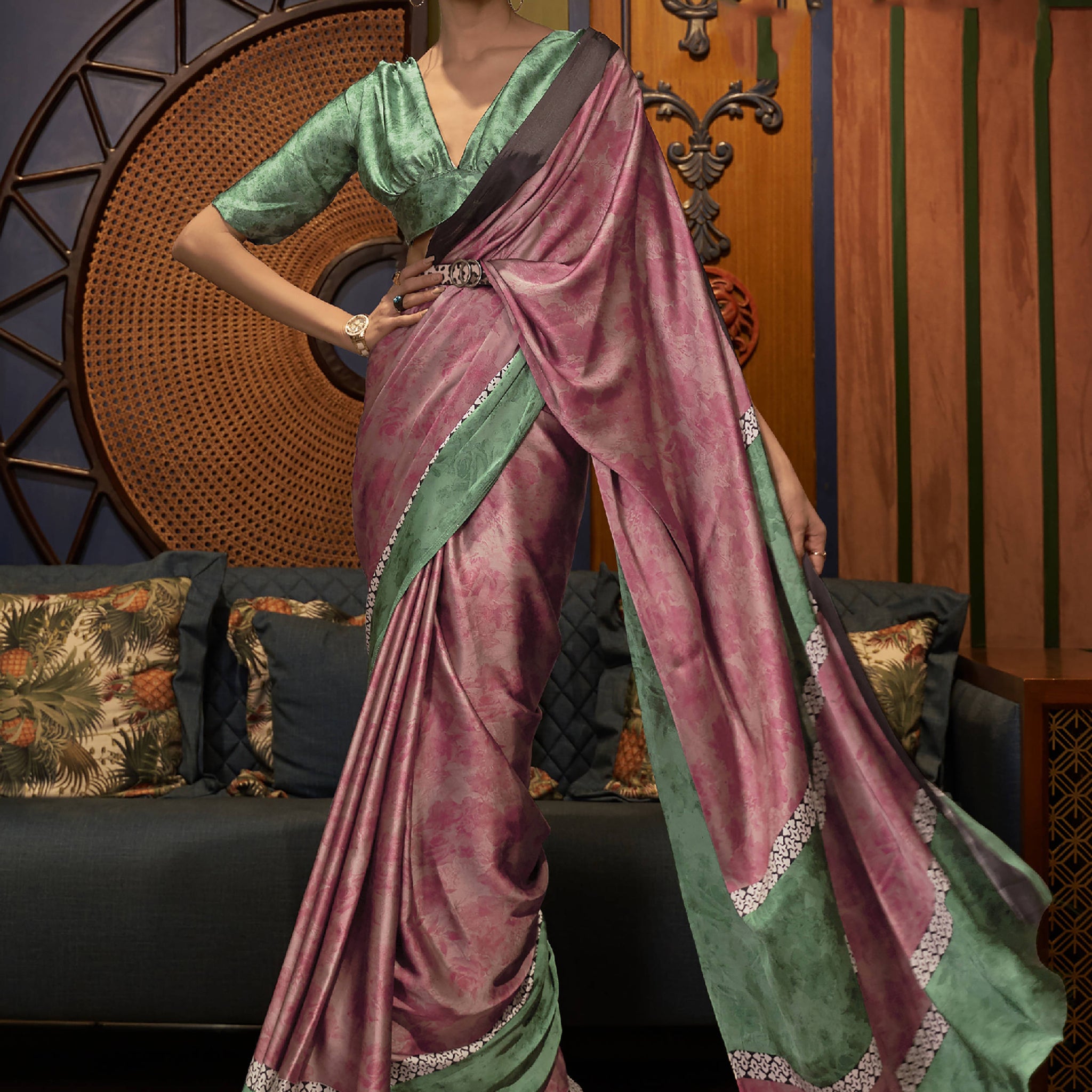 Fetching Pink Printed Satin Festival Wear Saree With Blouse