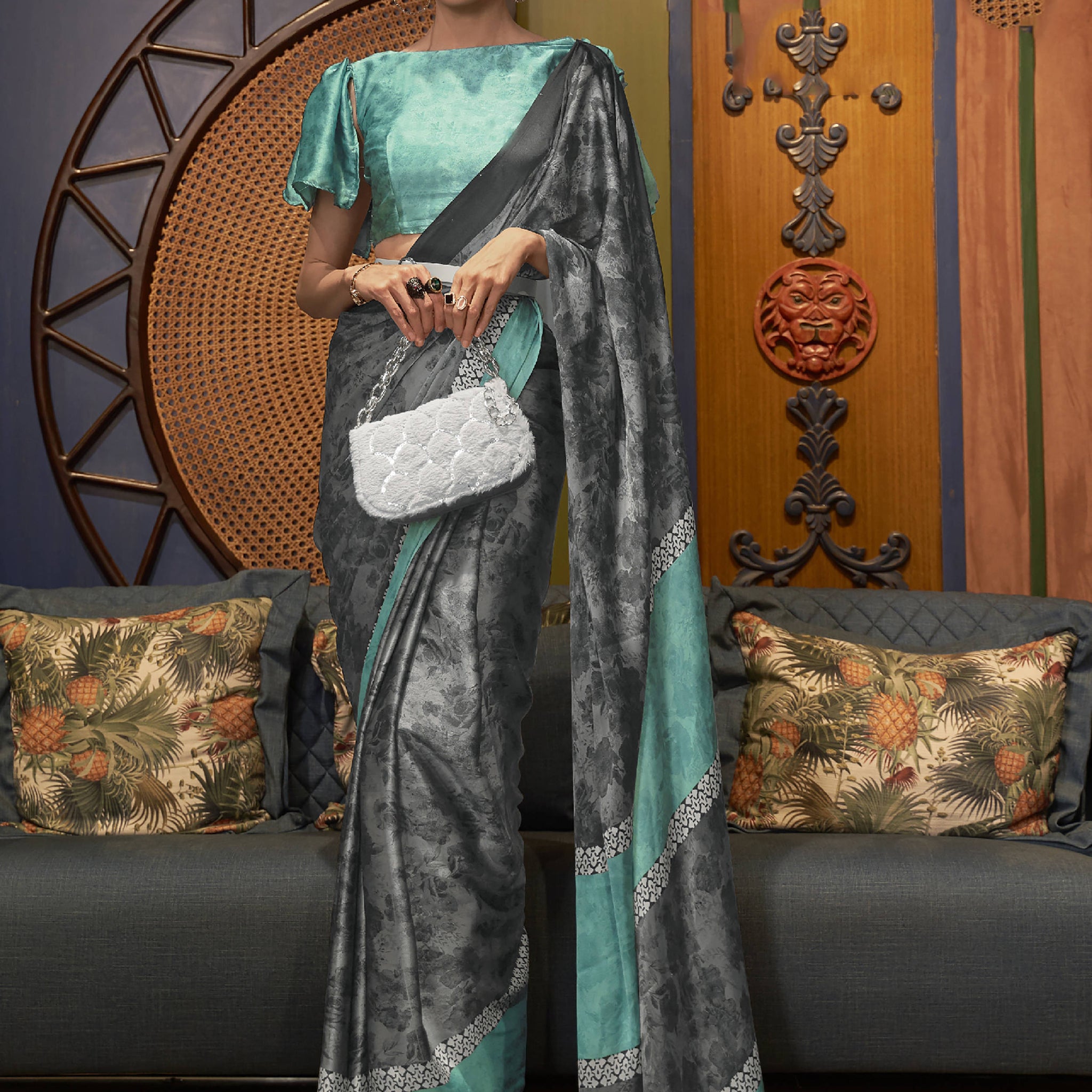 Attractive Grey Printed Satin Festival Wear Saree With Blouse