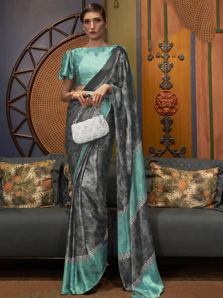 Attractive Grey Printed Satin Festival Wear Saree With Blouse