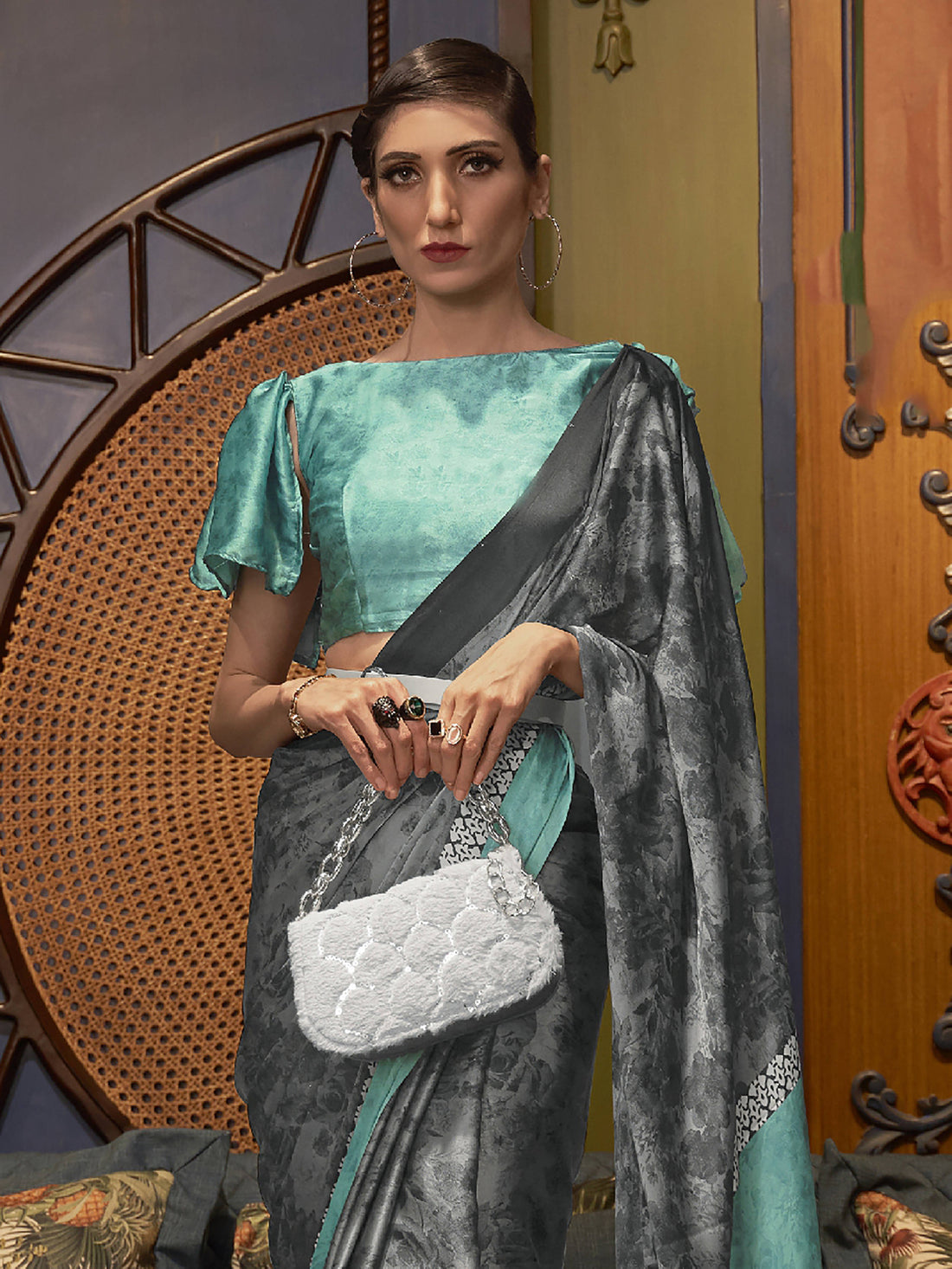 Attractive Grey Printed Satin Festival Wear Saree With Blouse