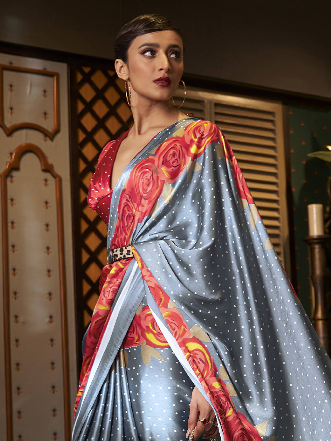 Captivating Grey Printed Satin Event Wear Saree With Blouse