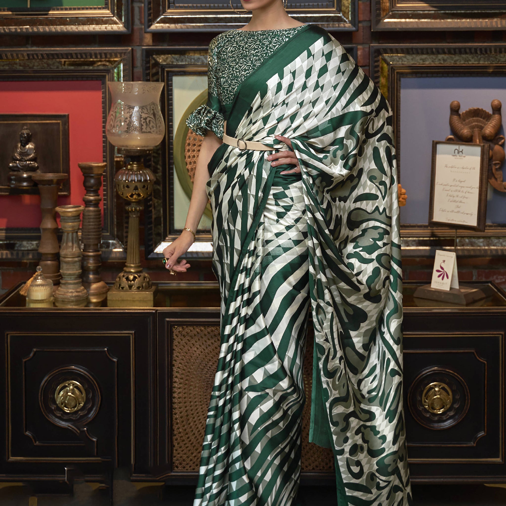 Precious Green Printed Satin Festival Wear Saree With Blouse