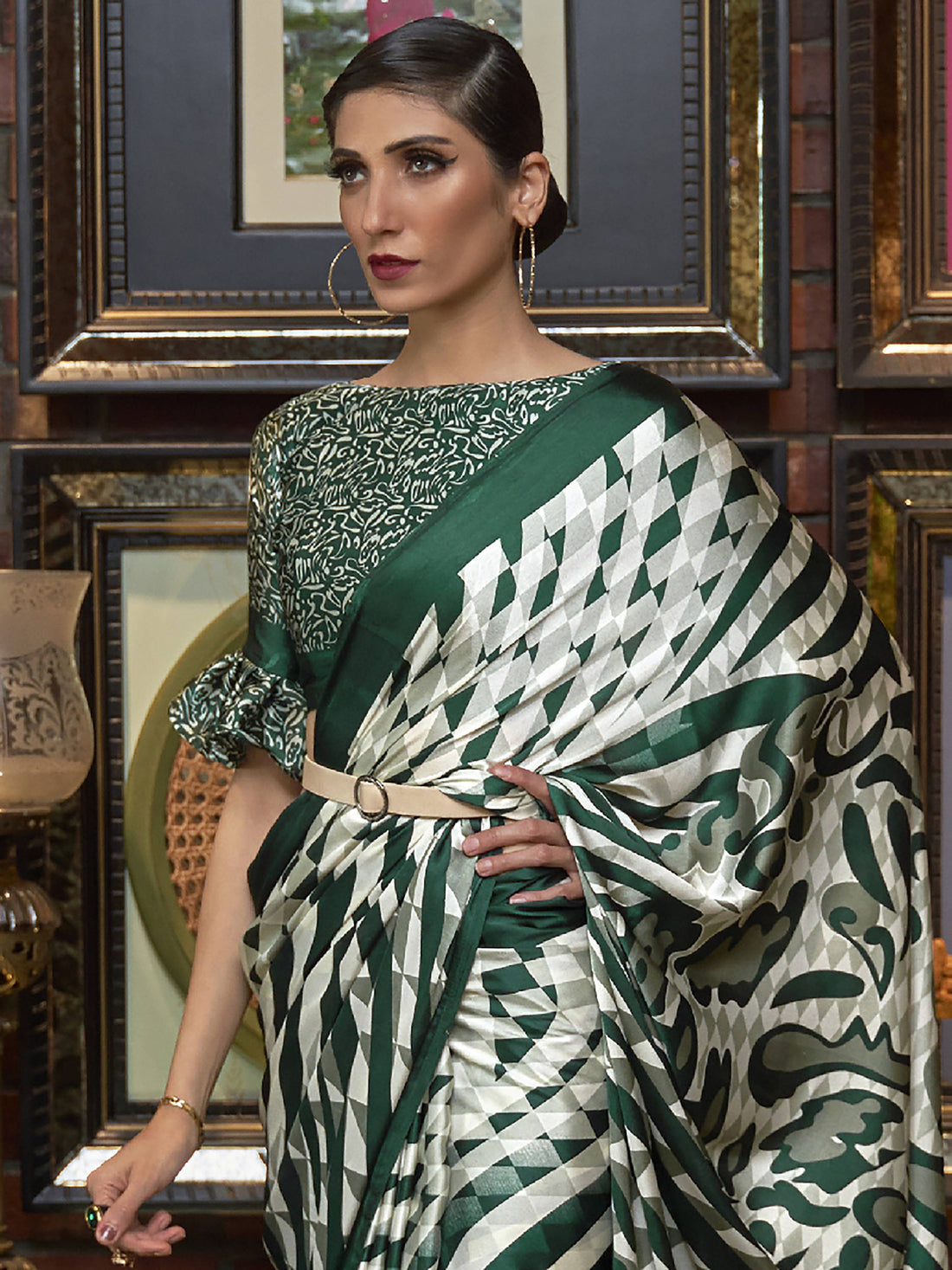 Precious Green Printed Satin Festival Wear Saree With Blouse