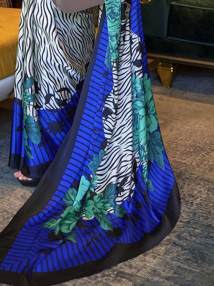 Attractive Off White Printed Satin Festival Wear Saree With Blouse