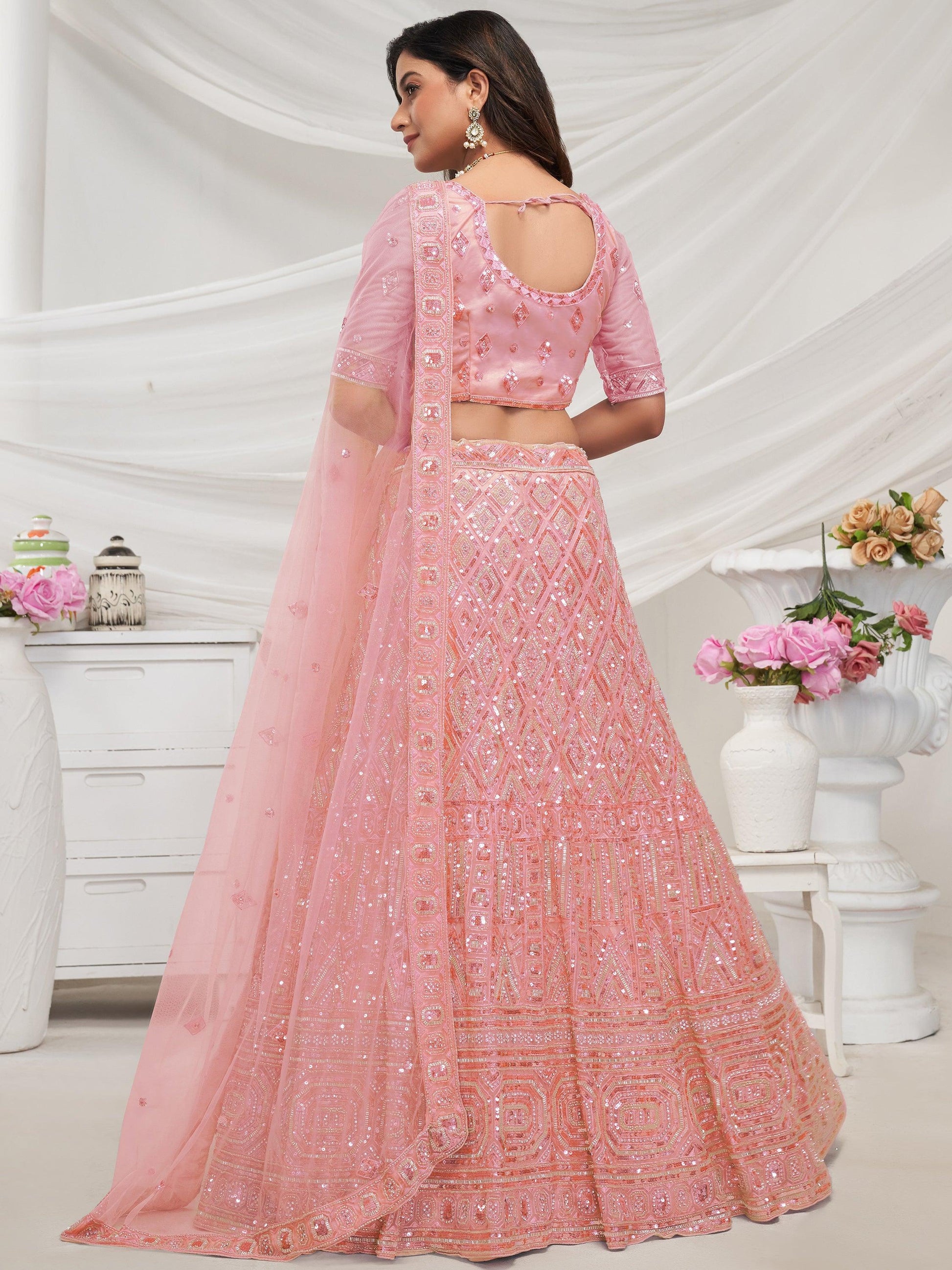 Dazzling Peach Sequins Net Bridesmaid Lehenga Choli With Dupatta