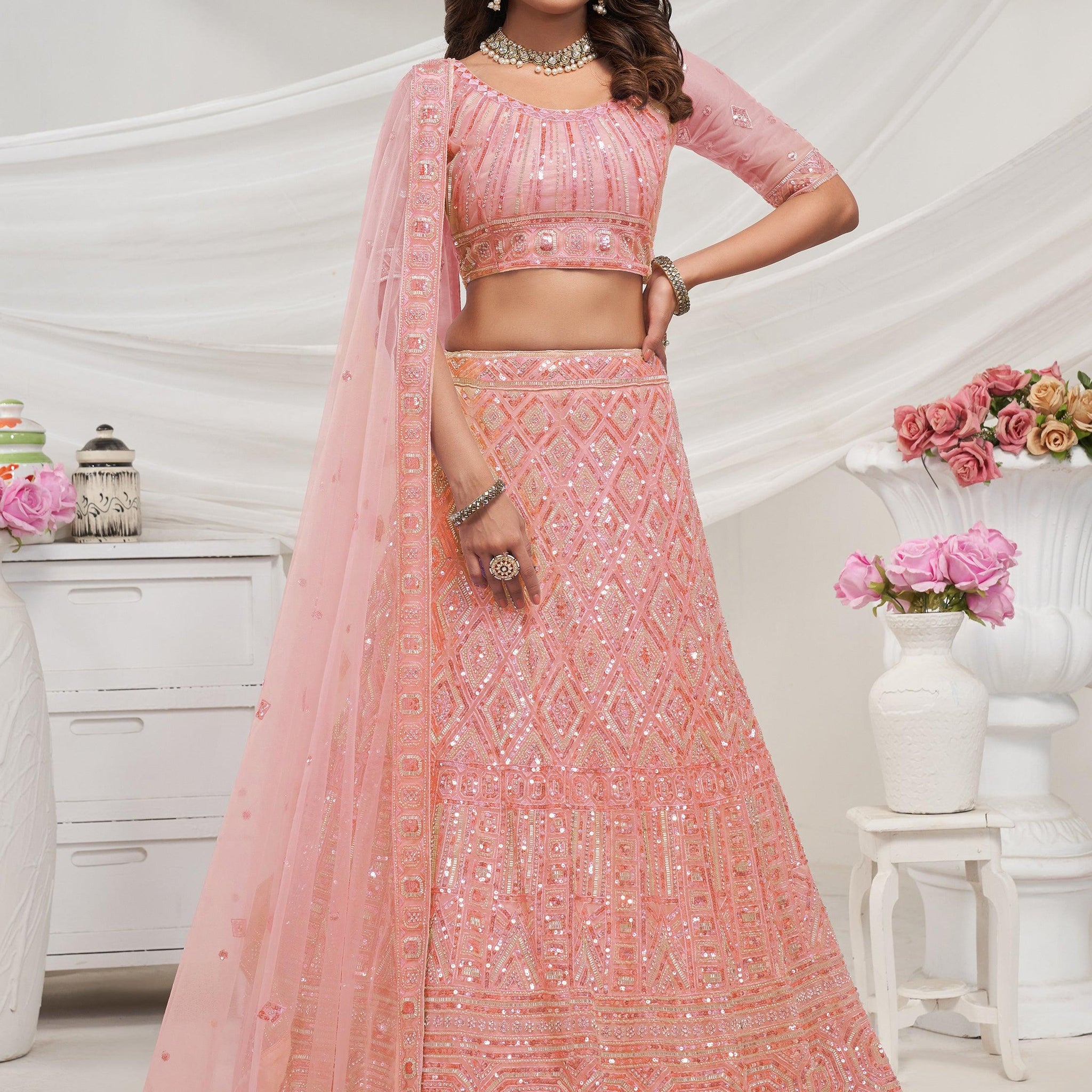 Dazzling Peach Sequins Net Bridesmaid Lehenga Choli With Dupatta