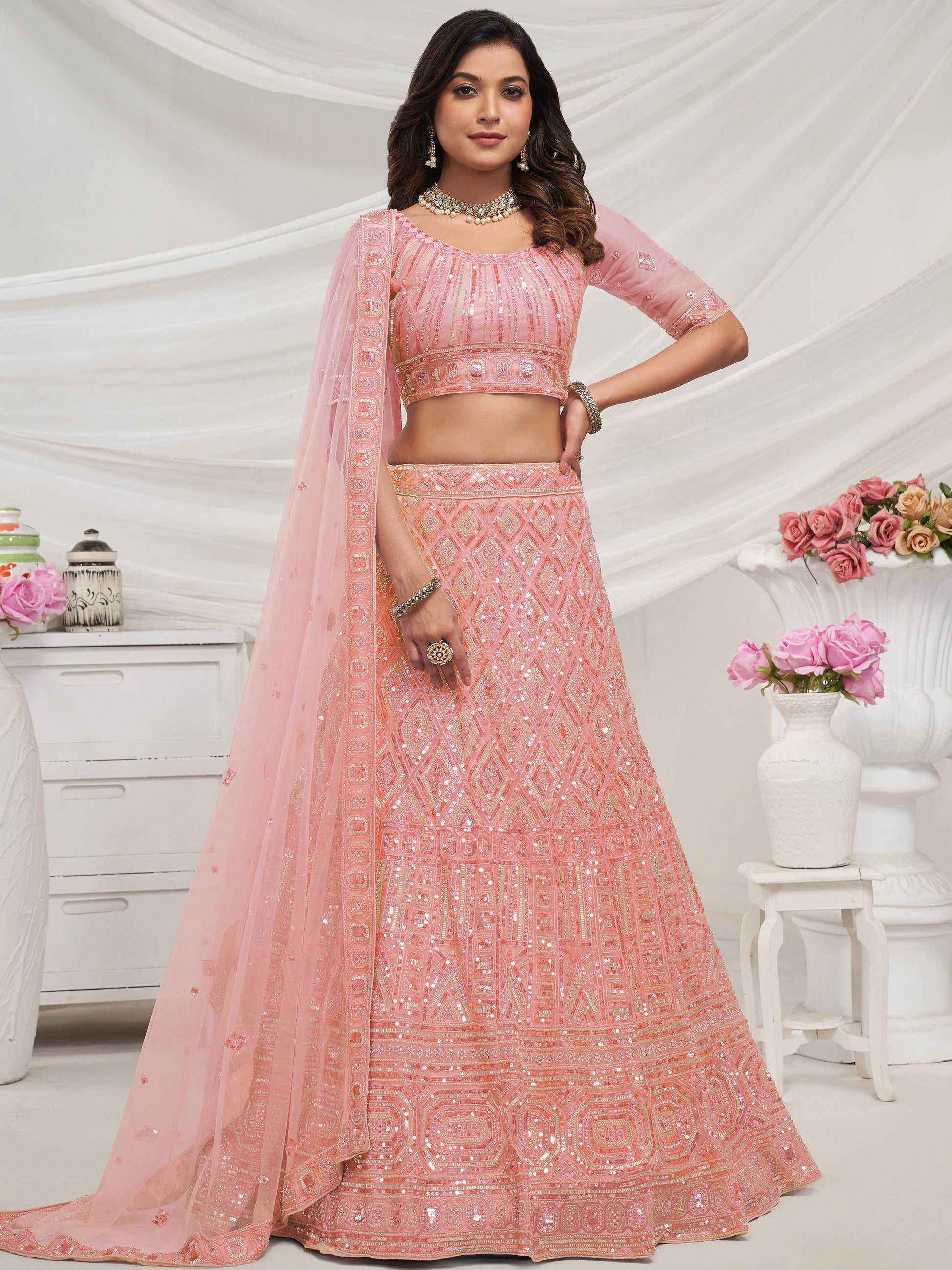 Dazzling Peach Sequins Net Bridesmaid Lehenga Choli With Dupatta