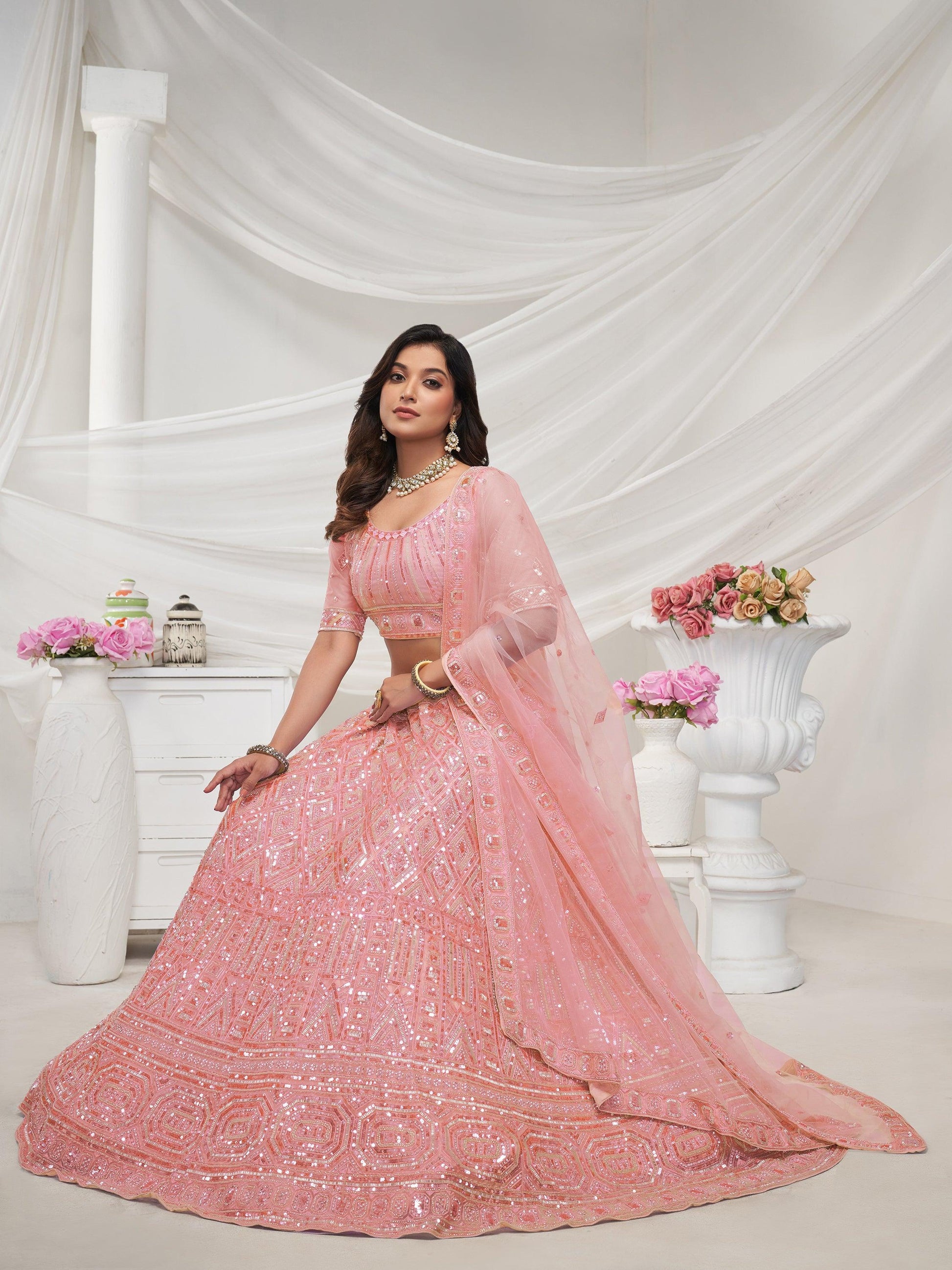 Dazzling Peach Sequins Net Bridesmaid Lehenga Choli With Dupatta