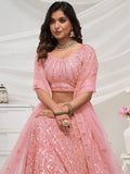 Dazzling Peach Sequins Net Bridesmaid Lehenga Choli With Dupatta