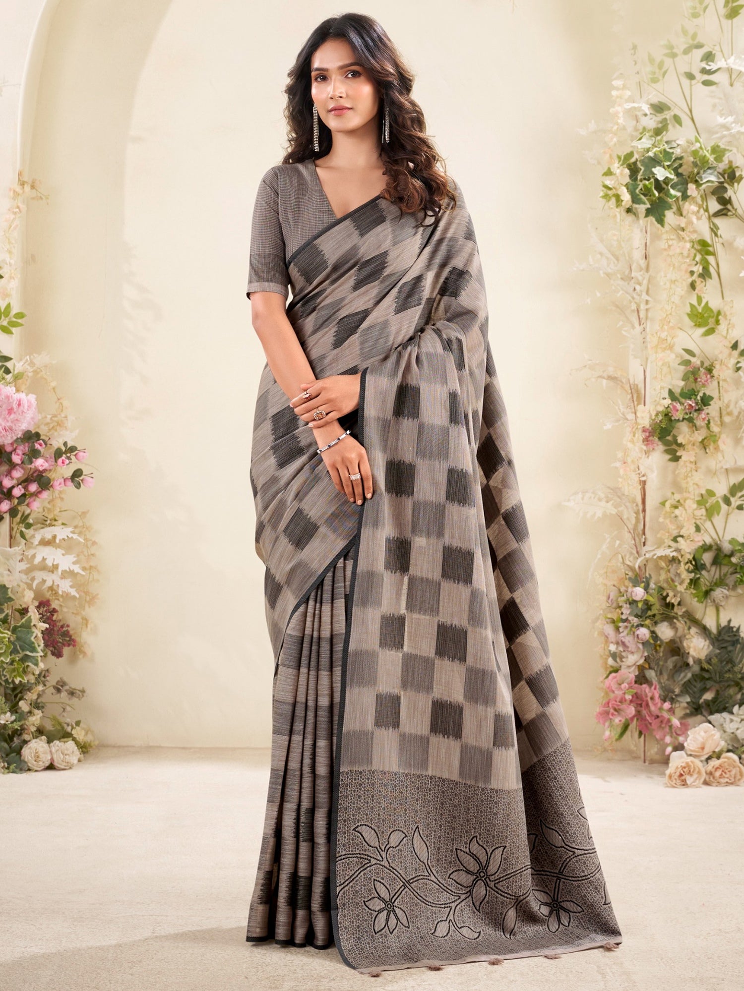 Fascinating Grey Printed Linen Casual Wear Saree With Blouse