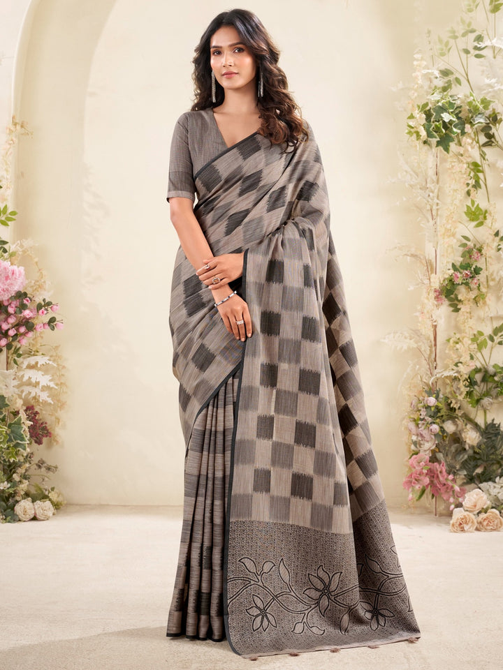 Fascinating Grey Printed Linen Casual Wear Saree With Blouse