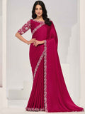 Adorable Rani Pink Lace Work Satin Festival Wear Saree With Blouse