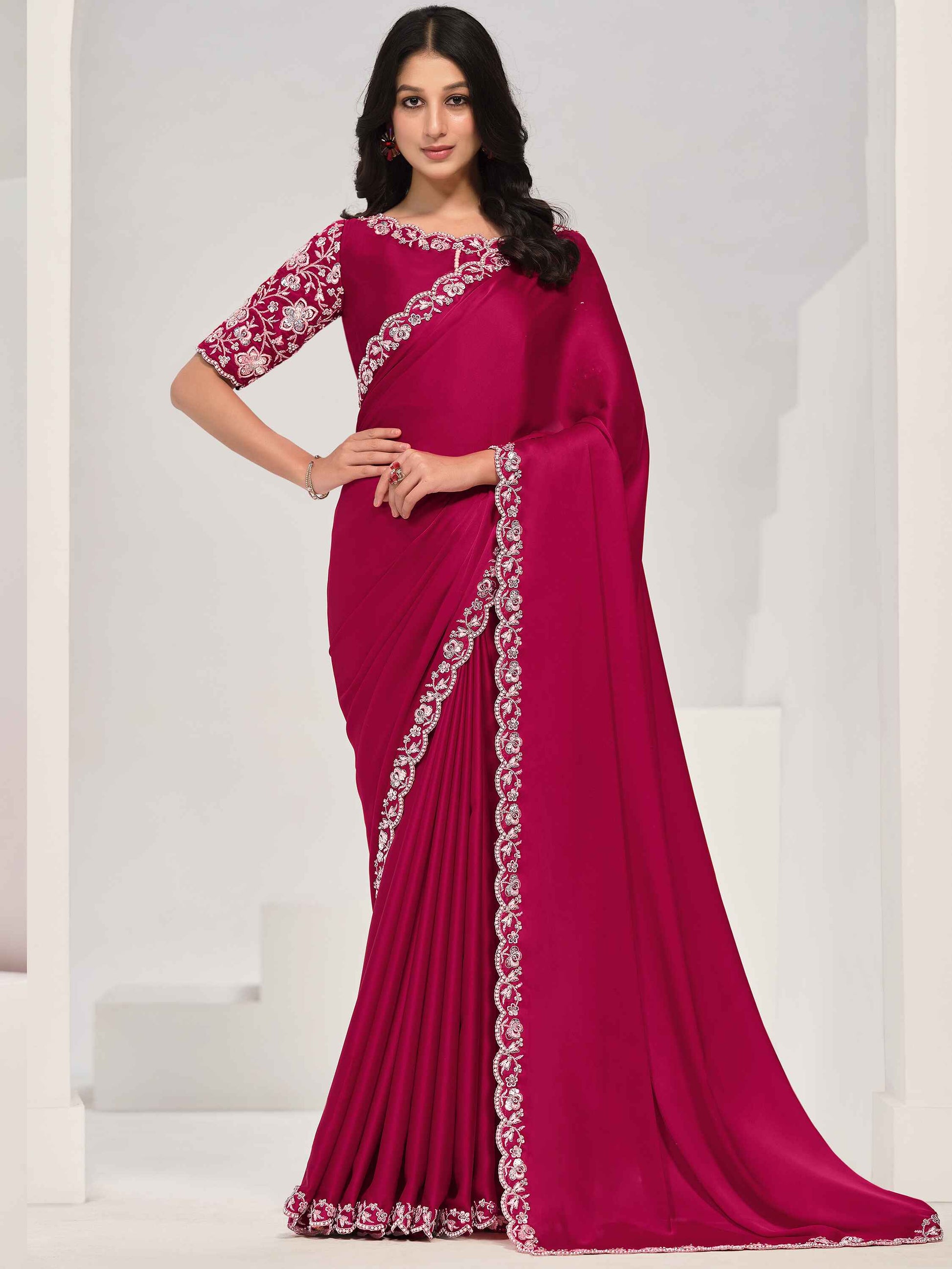 Adorable Rani Pink Lace Work Satin Festival Wear Saree With Blouse