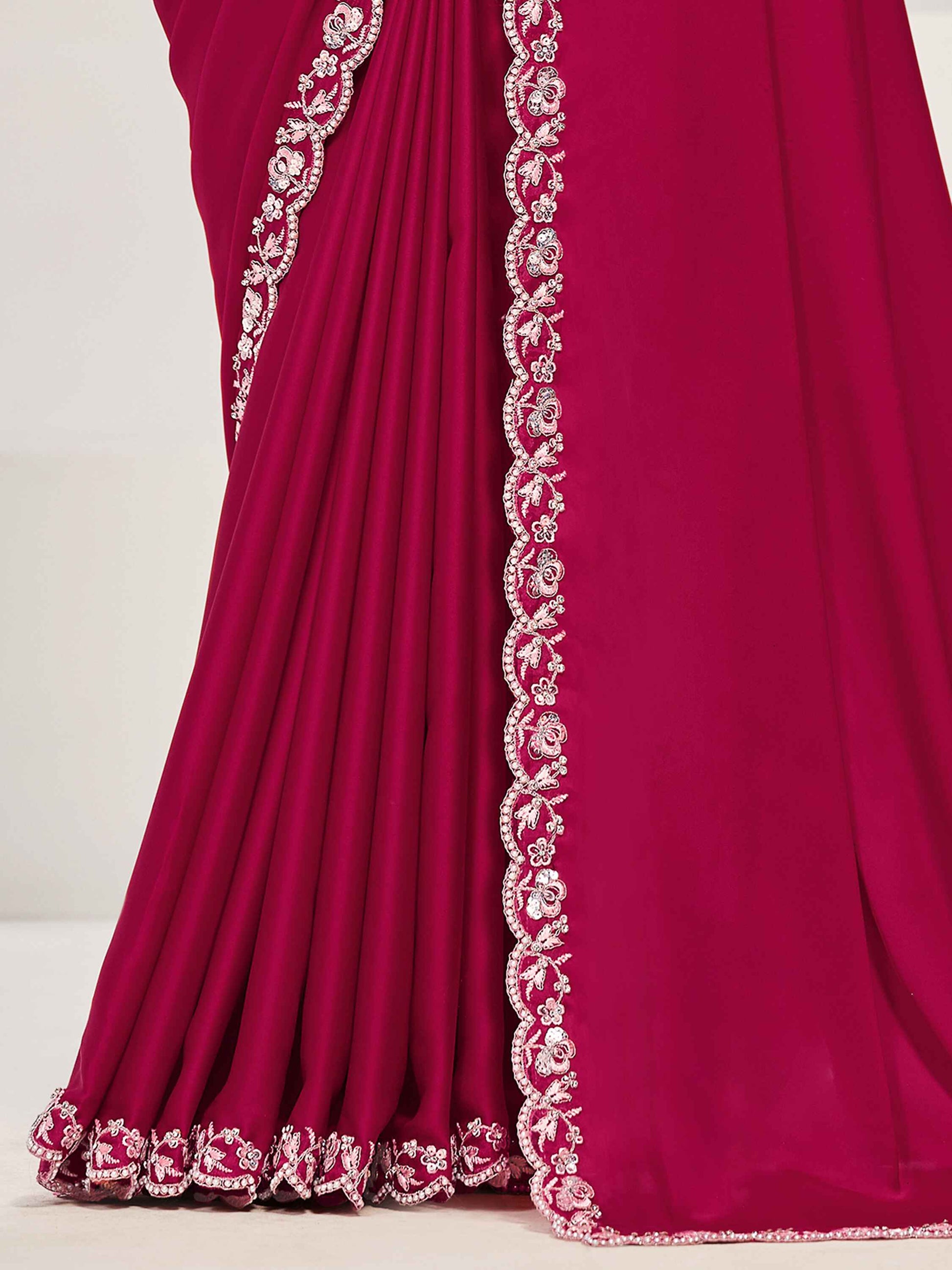 Adorable Rani Pink Lace Work Satin Festival Wear Saree With Blouse