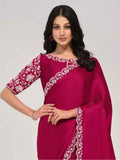 Adorable Rani Pink Lace Work Satin Festival Wear Saree With Blouse