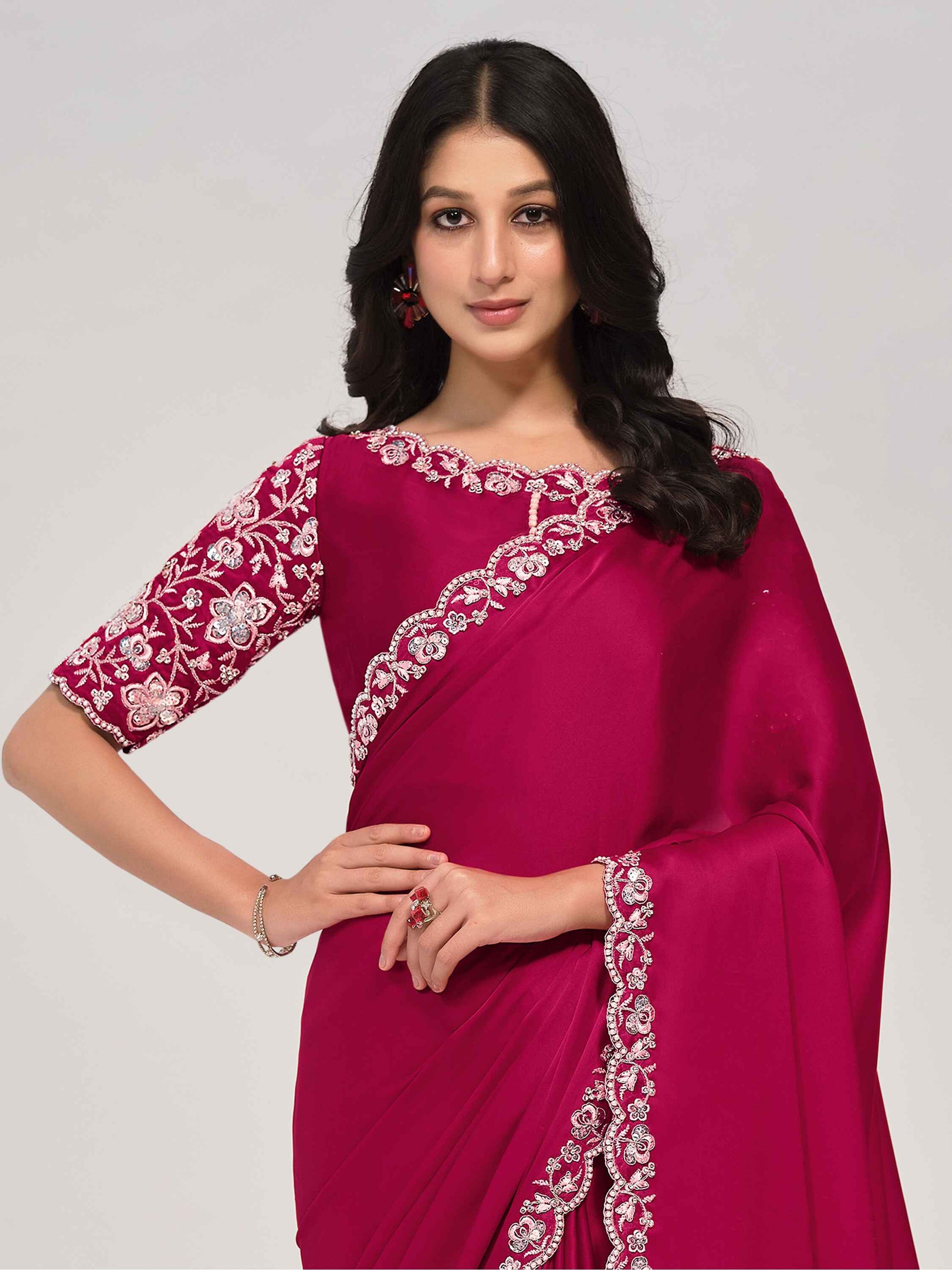 Adorable Rani Pink Lace Work Satin Festival Wear Saree With Blouse