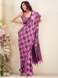 Enchanting Purple Checks Printed Linen Traditional Saree With Blouse